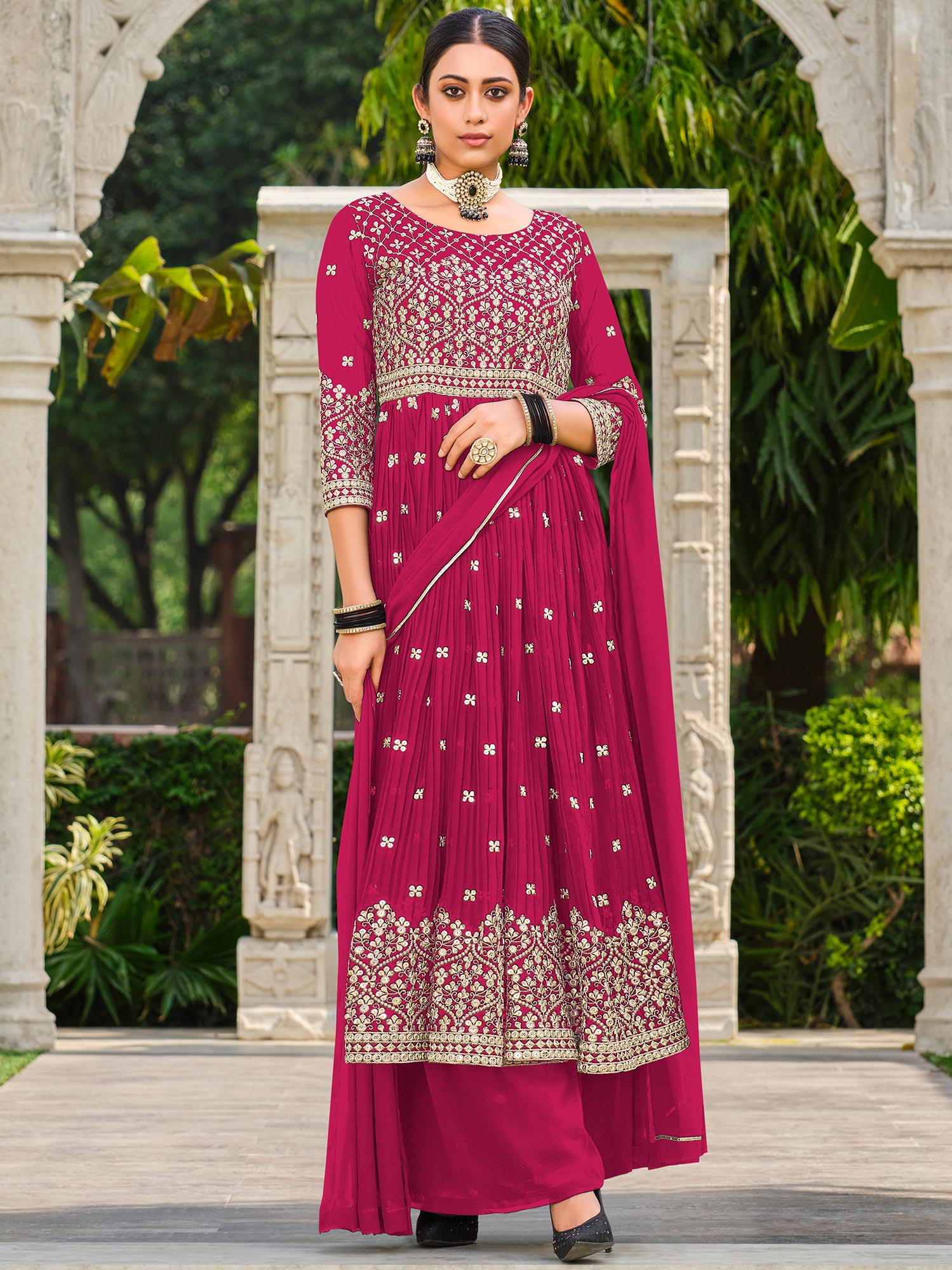 Pink Embroidered Palazzo Style Salwar Suit