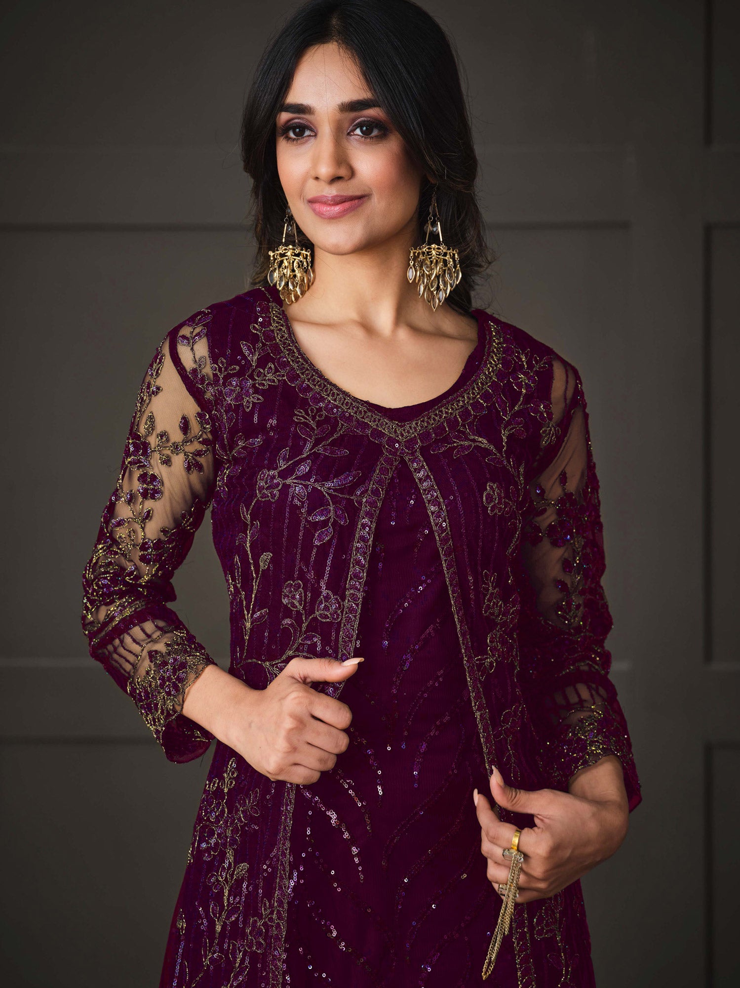 Wine Embroidered Jacket Style Suit In Net