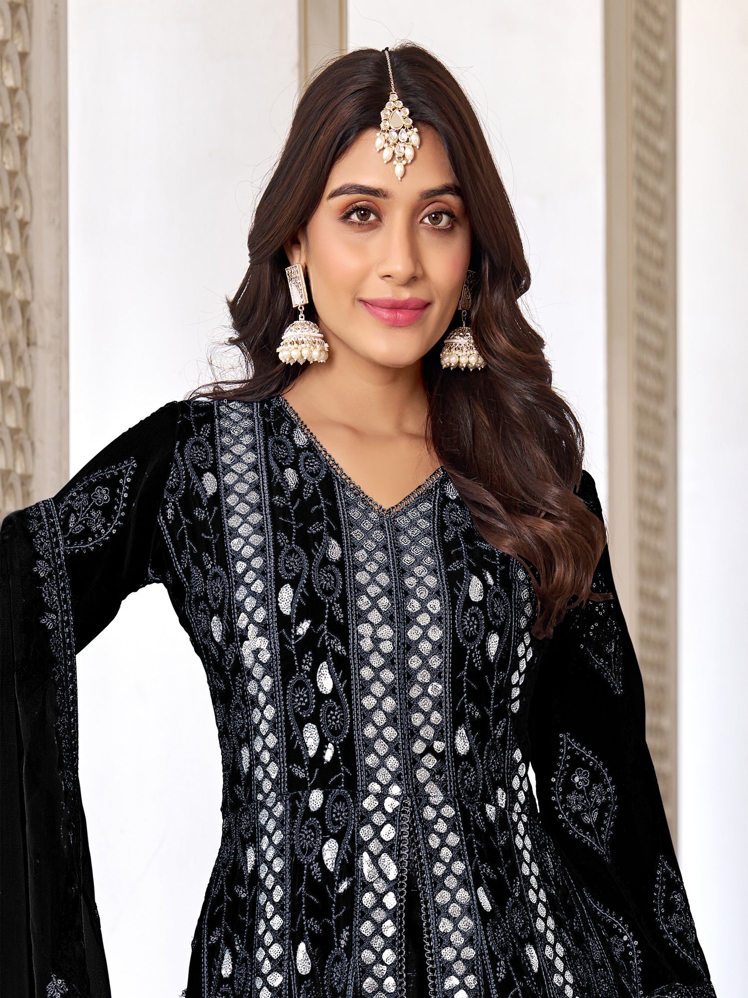 Black Sequined Salwar Kameez In Front Slit Styled