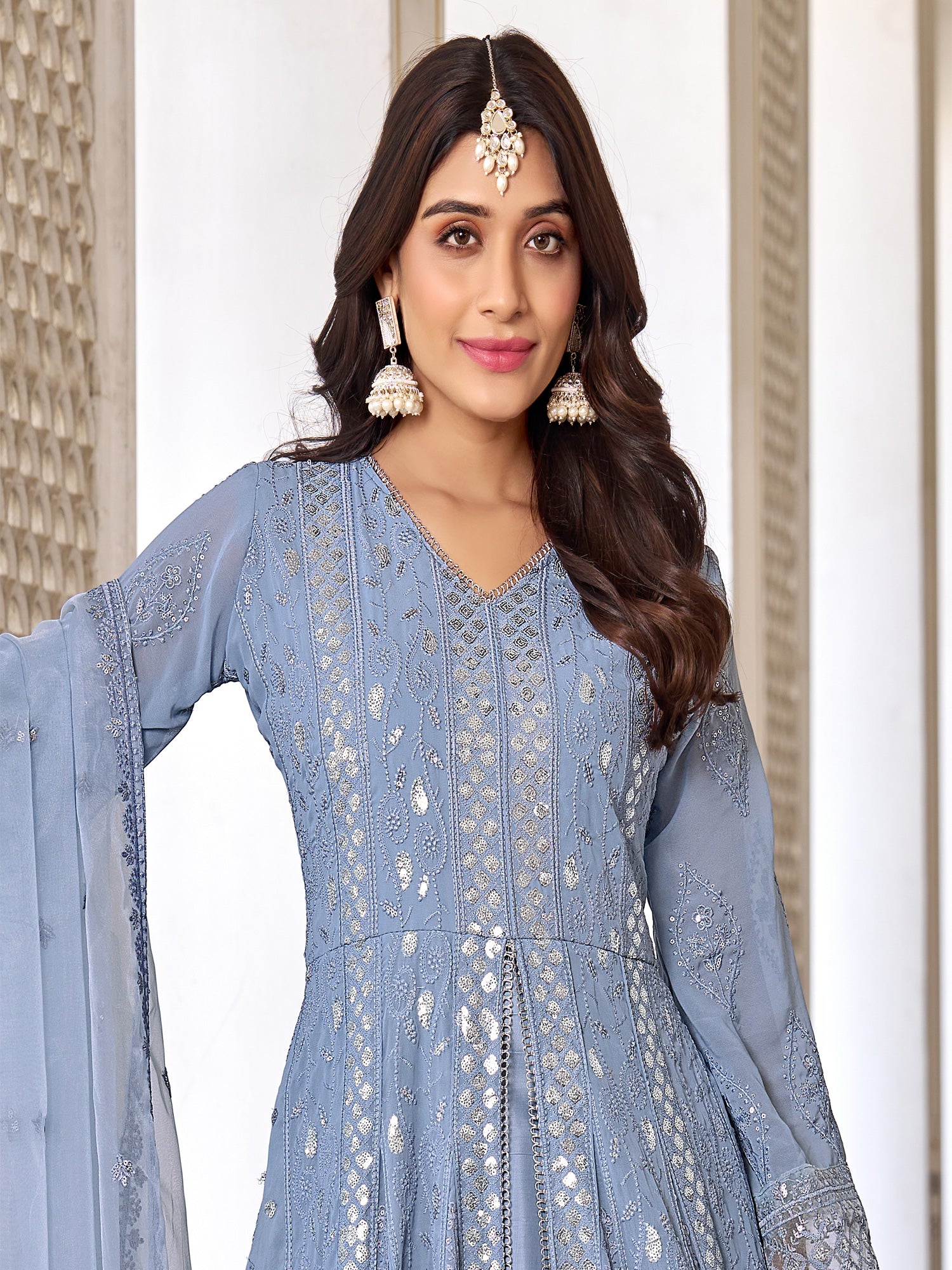 Blue Sequin Embroidery Front Slit Style Salwar Kameez