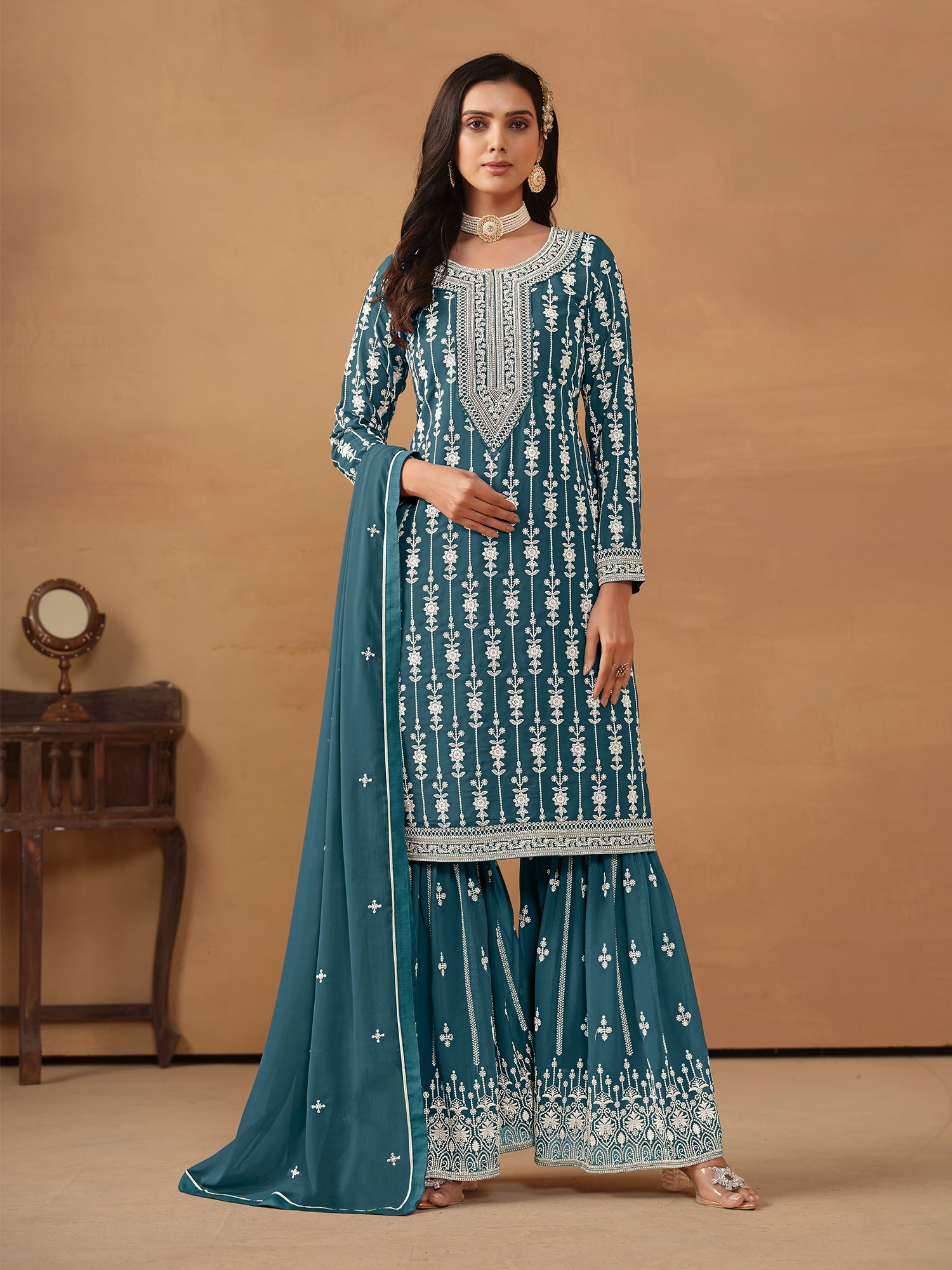 Blue Thread Embellished Salwar Suit In Sharara Style