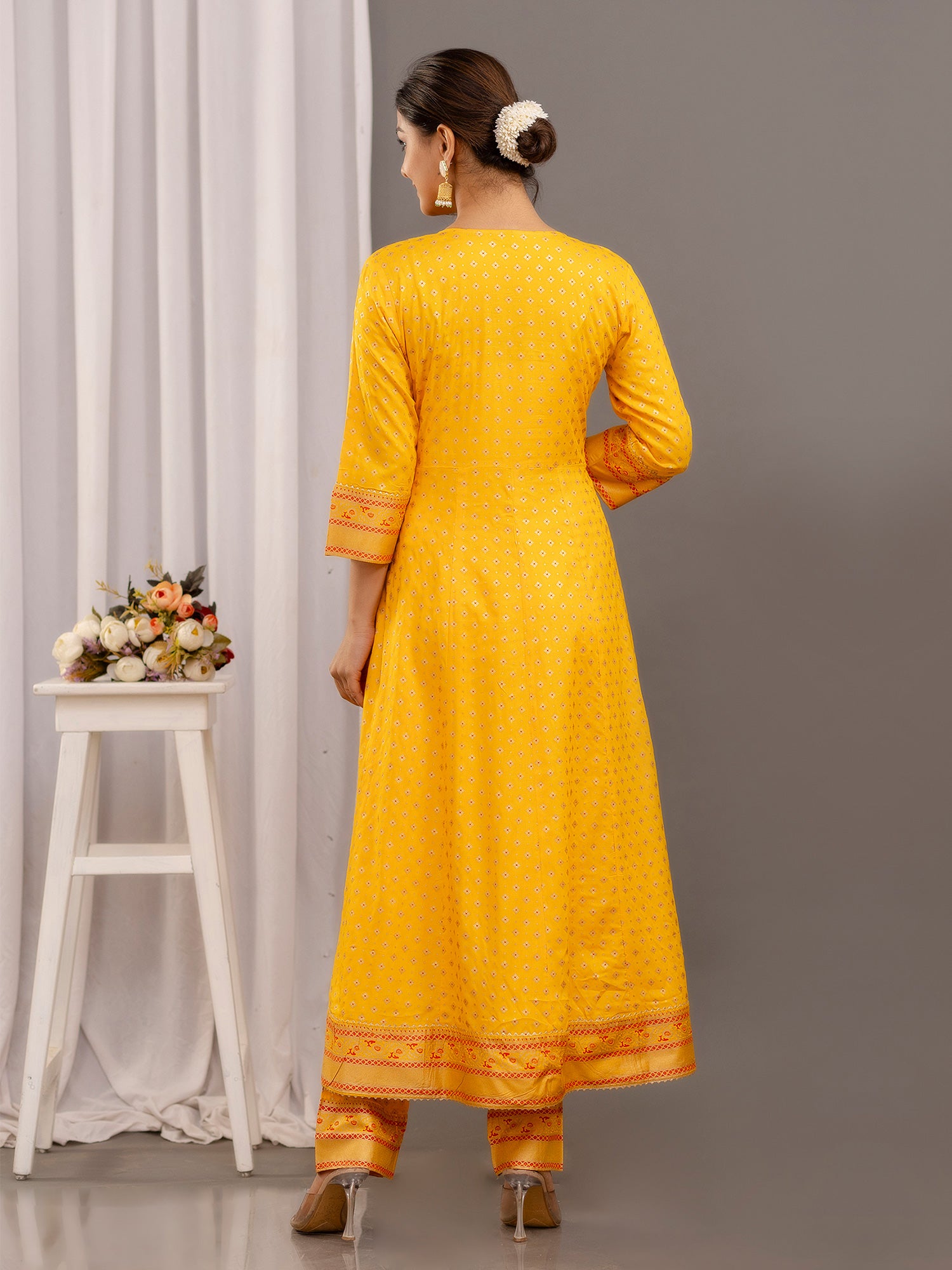Yellow Cotton Pant Style Salwar Suit In Print