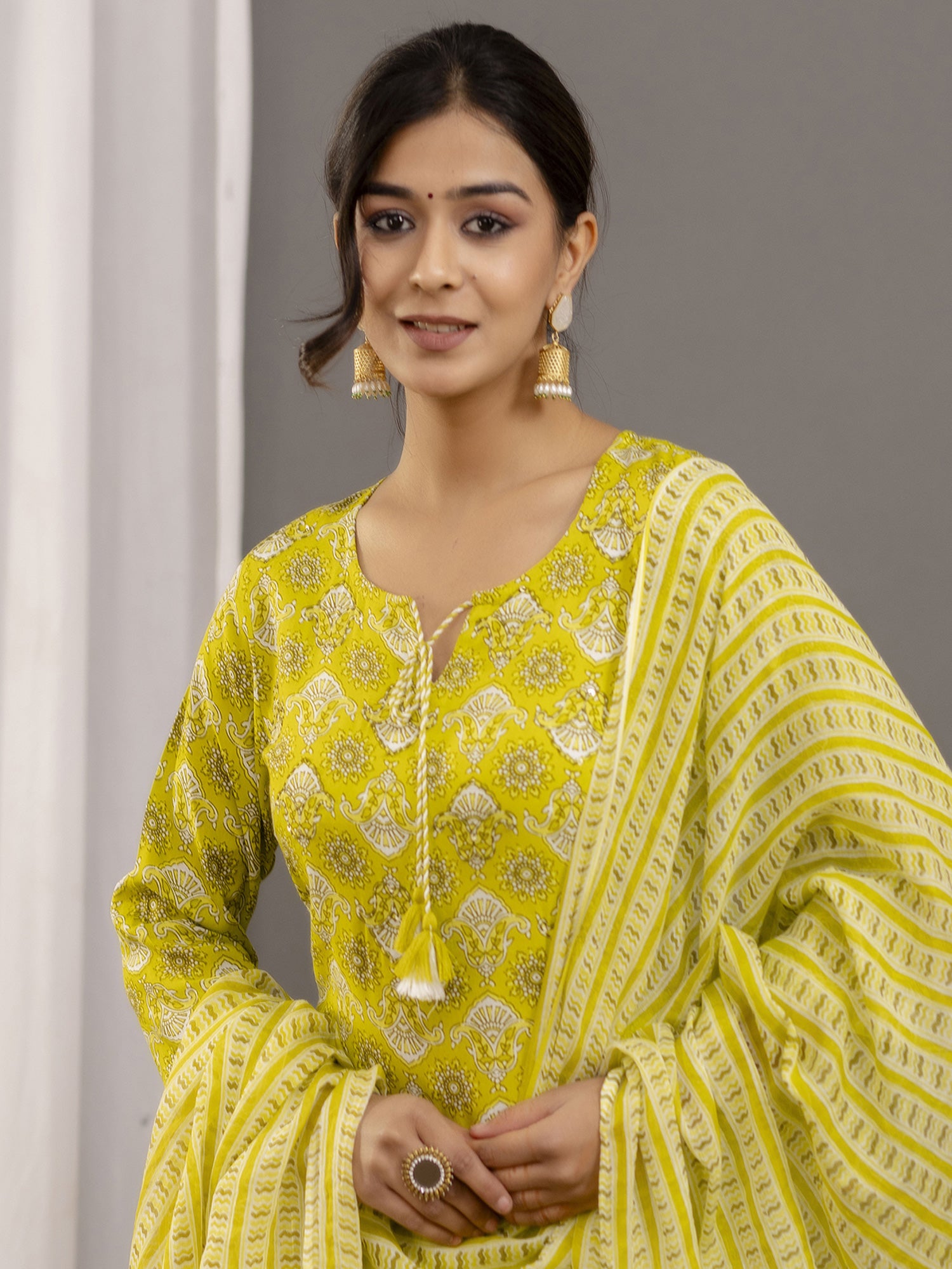 Yellow Printed Pant Style Salwar Suit In Cotton