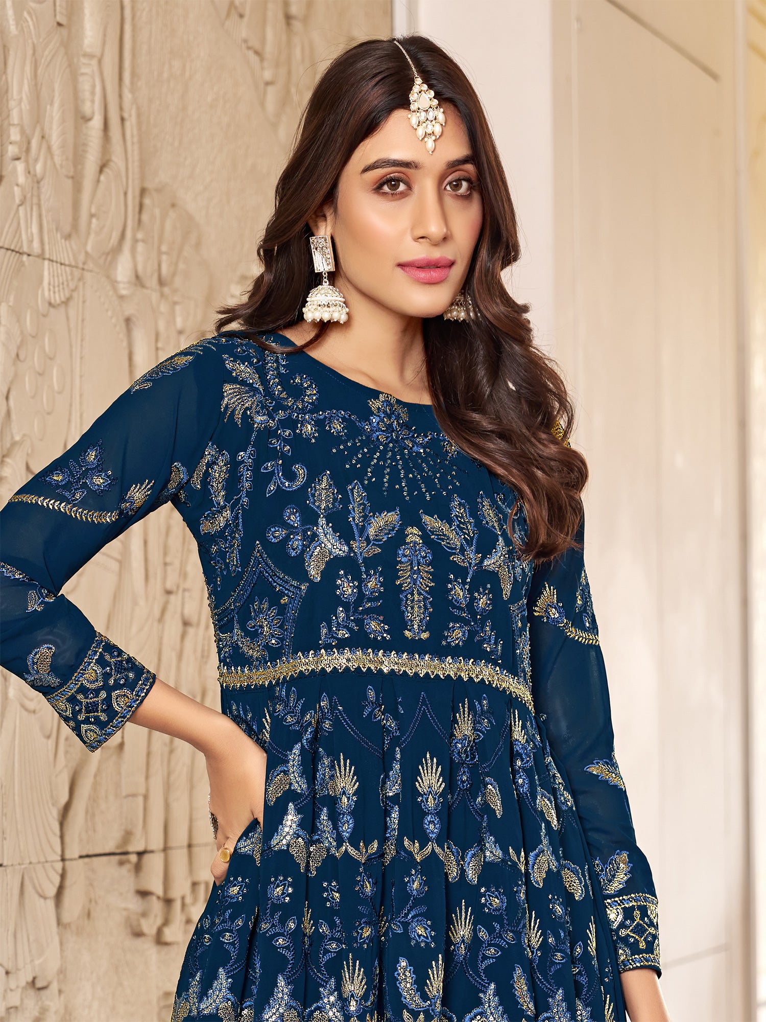 Navy Blue Thread Work Anarkali Suit In Georgette