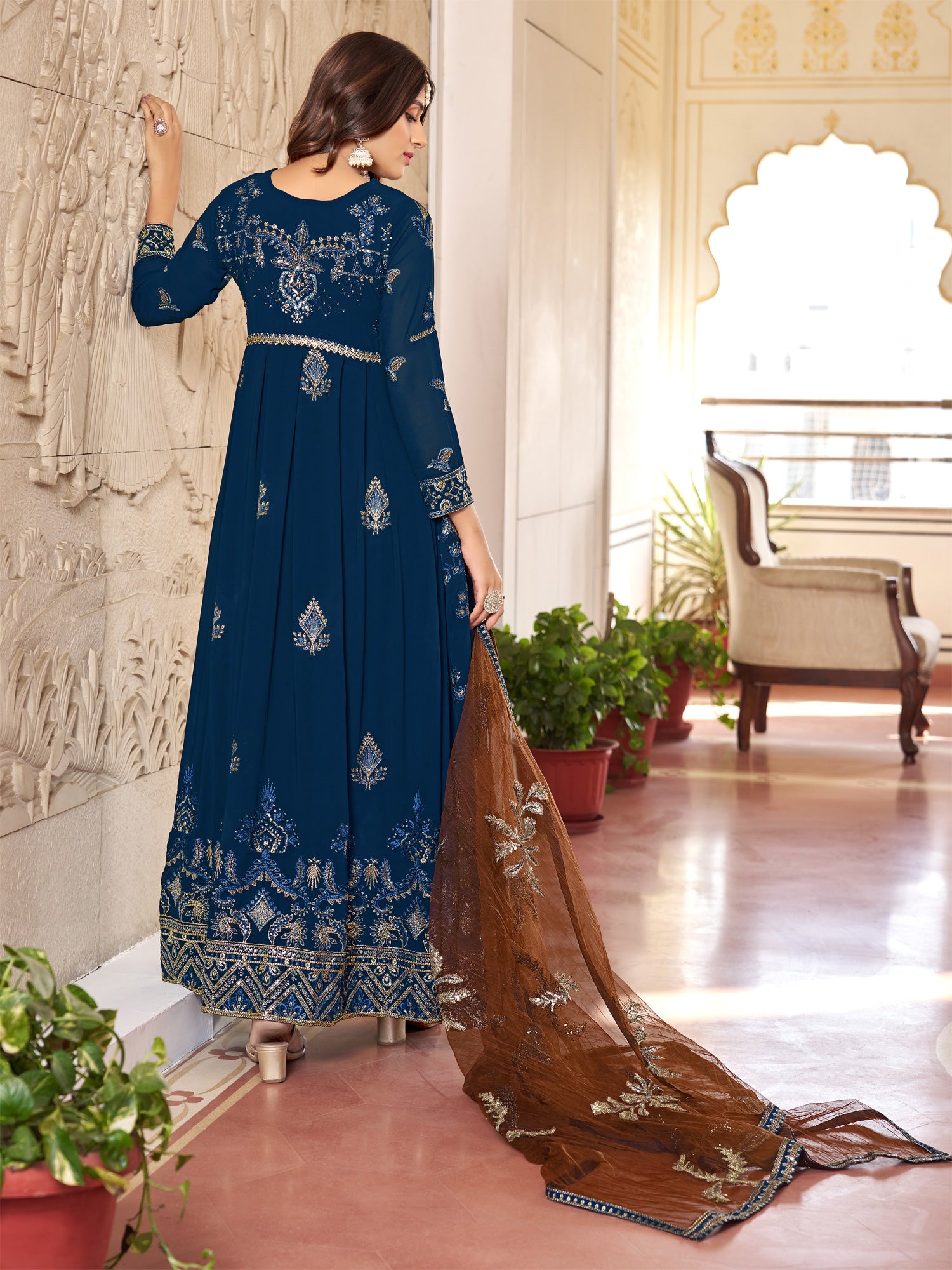 Navy Blue Thread Work Anarkali Suit In Georgette