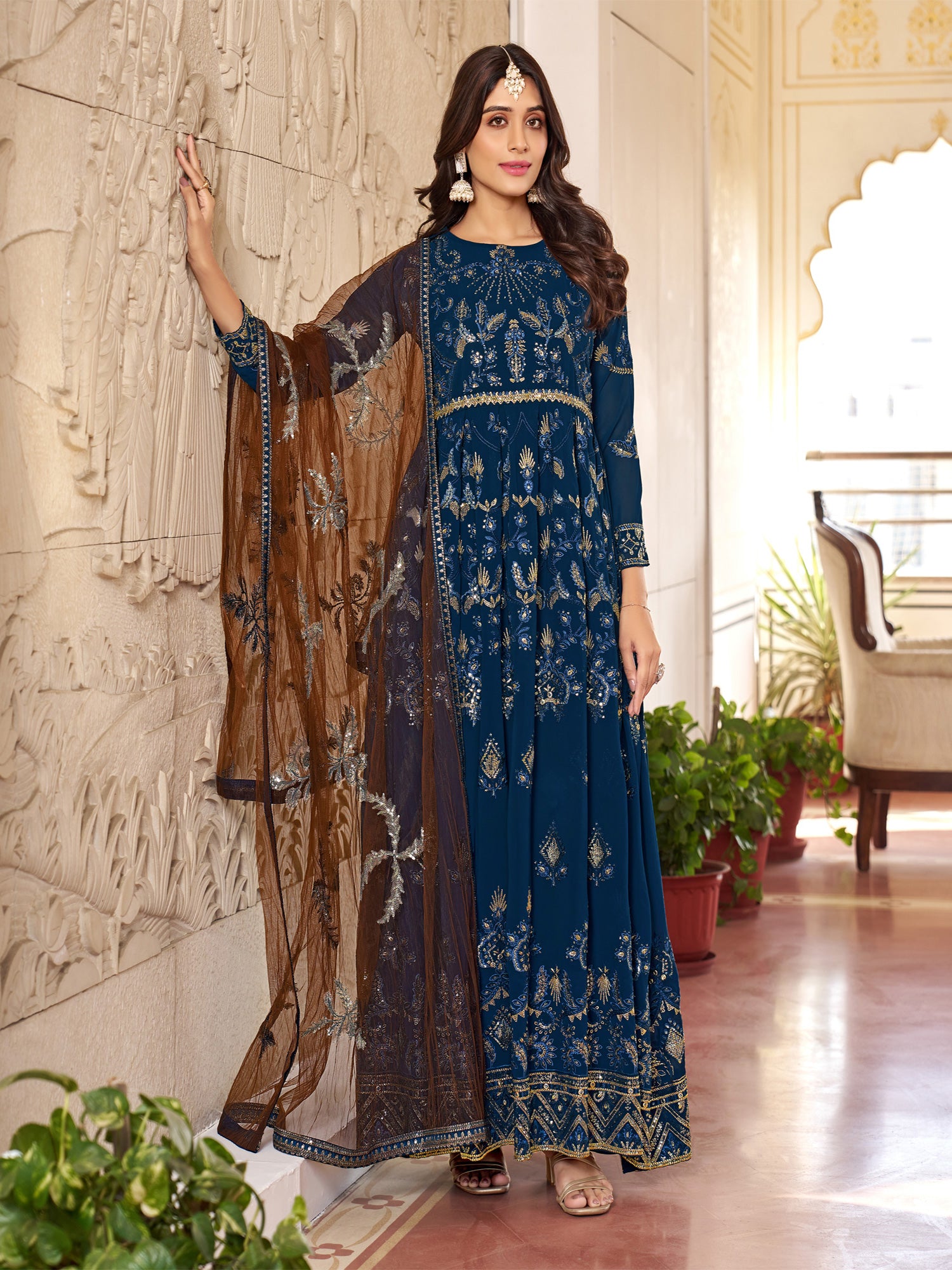 Navy Blue Thread Work Anarkali Suit In Georgette