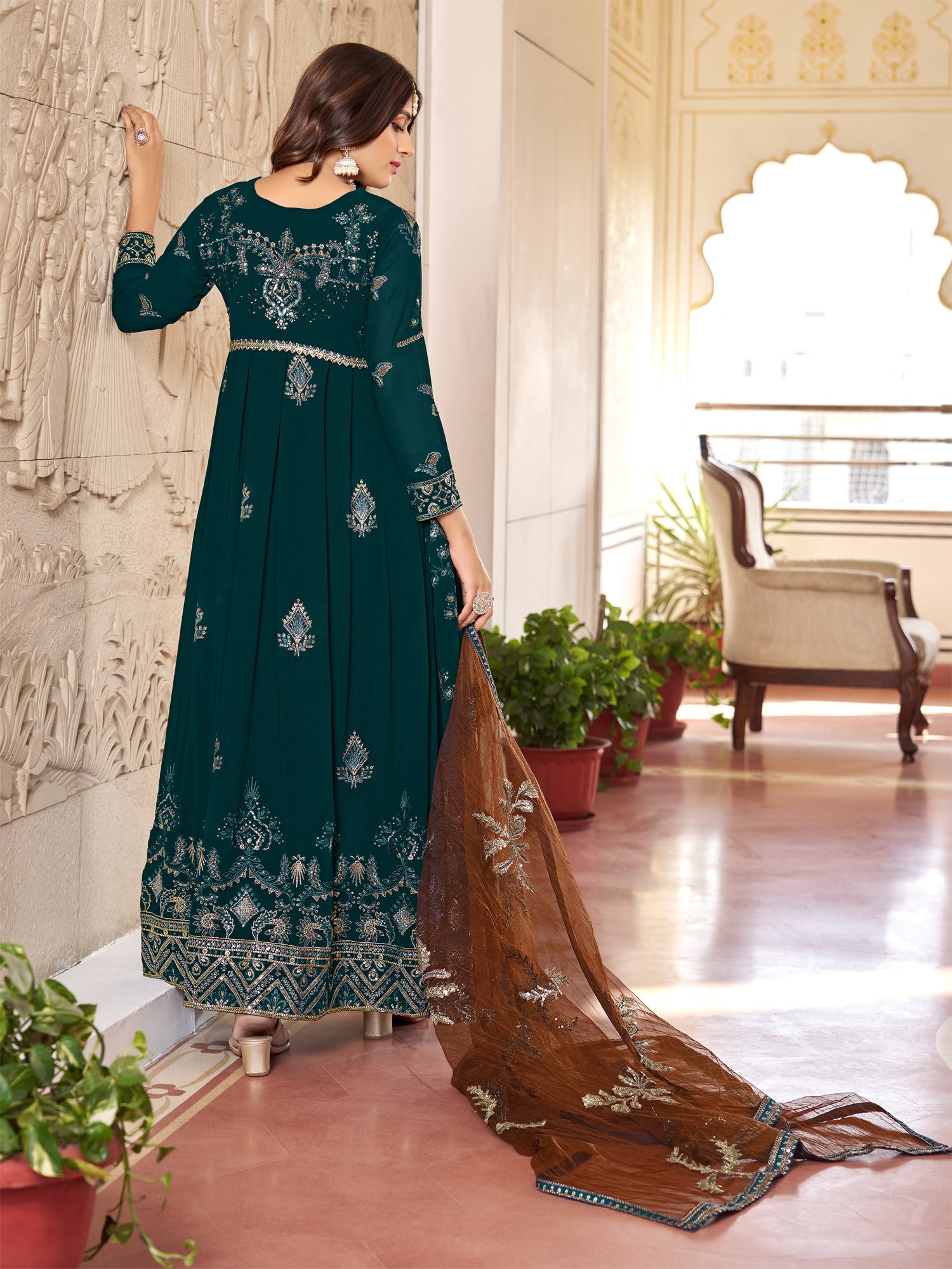 Dark Green Thread Embroidered Georegette Anarkali Suit