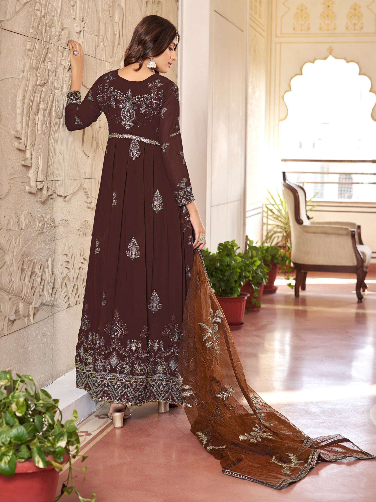 Brown Georgette Festive Salwar Suit In Anarkali Style