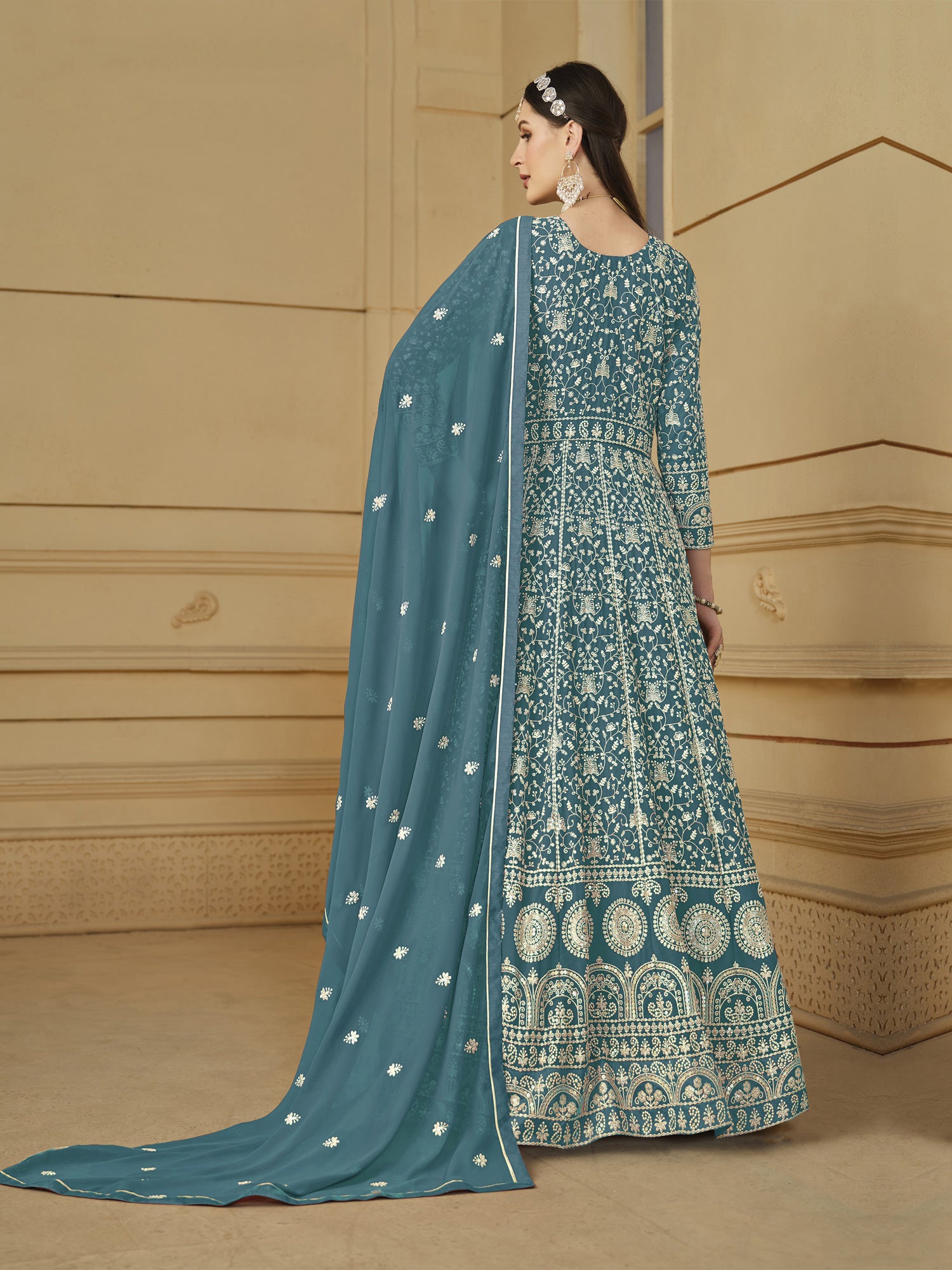 Teal Blue Festive Wear Georgette Anarkali Salwar Kameez