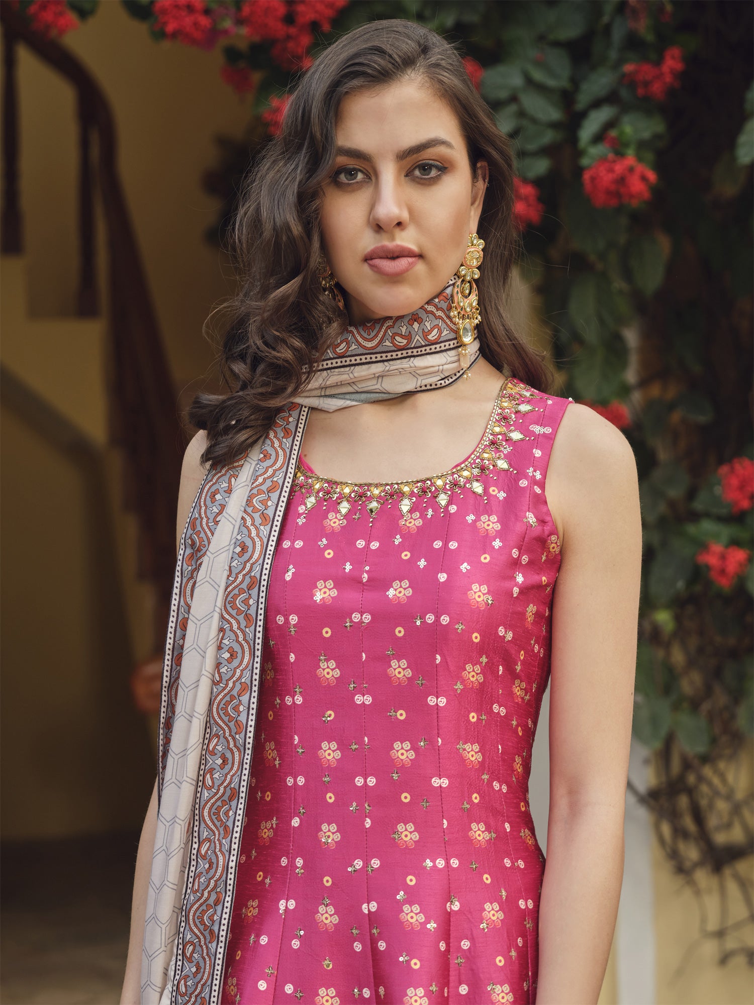Pink Readymade Anarkali Suit With Dupatta In Silk