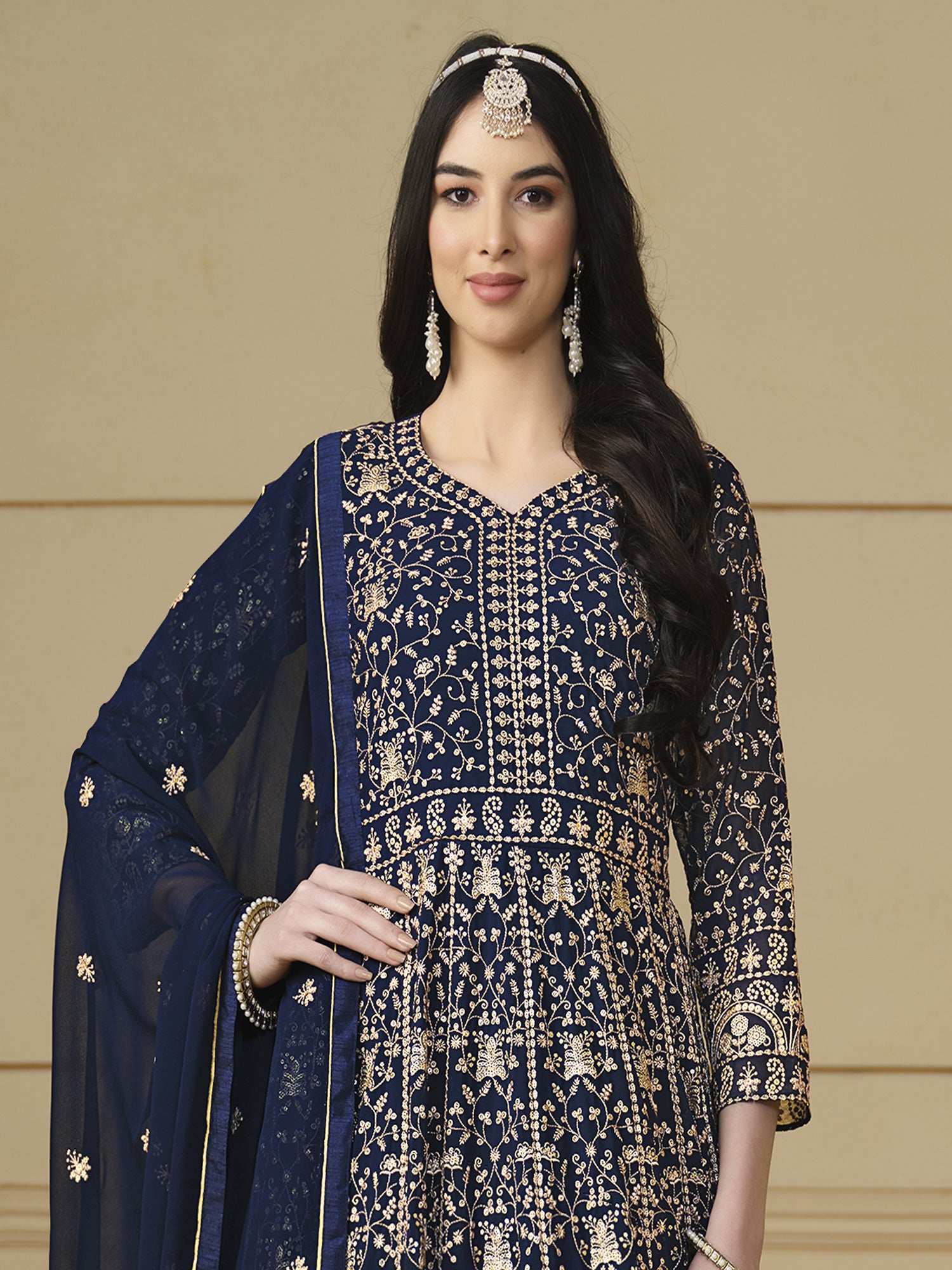 Navy Blue Heavy Zari Embellished Anarkali Suit