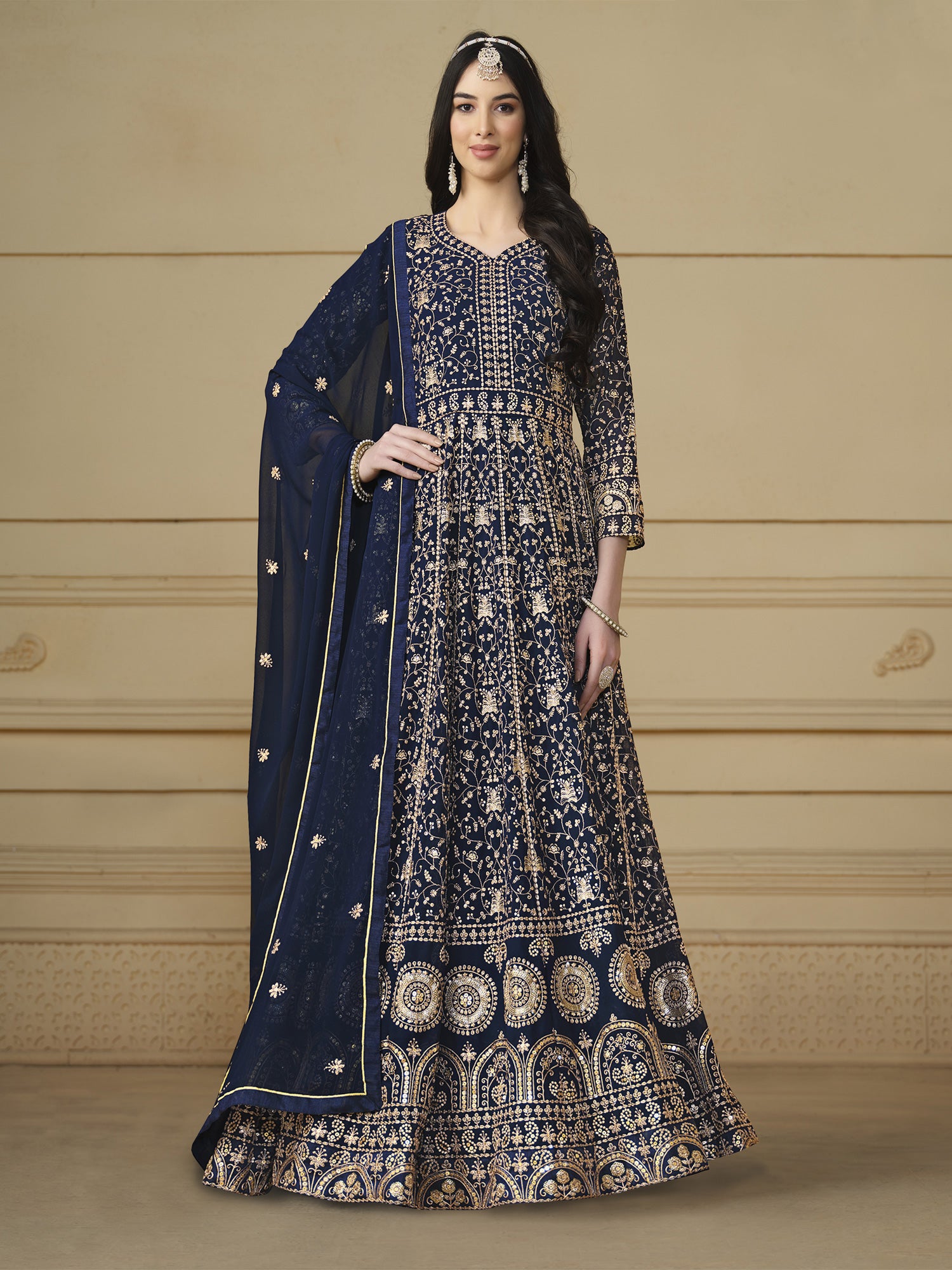Navy Blue Heavy Zari Embellished Anarkali Suit
