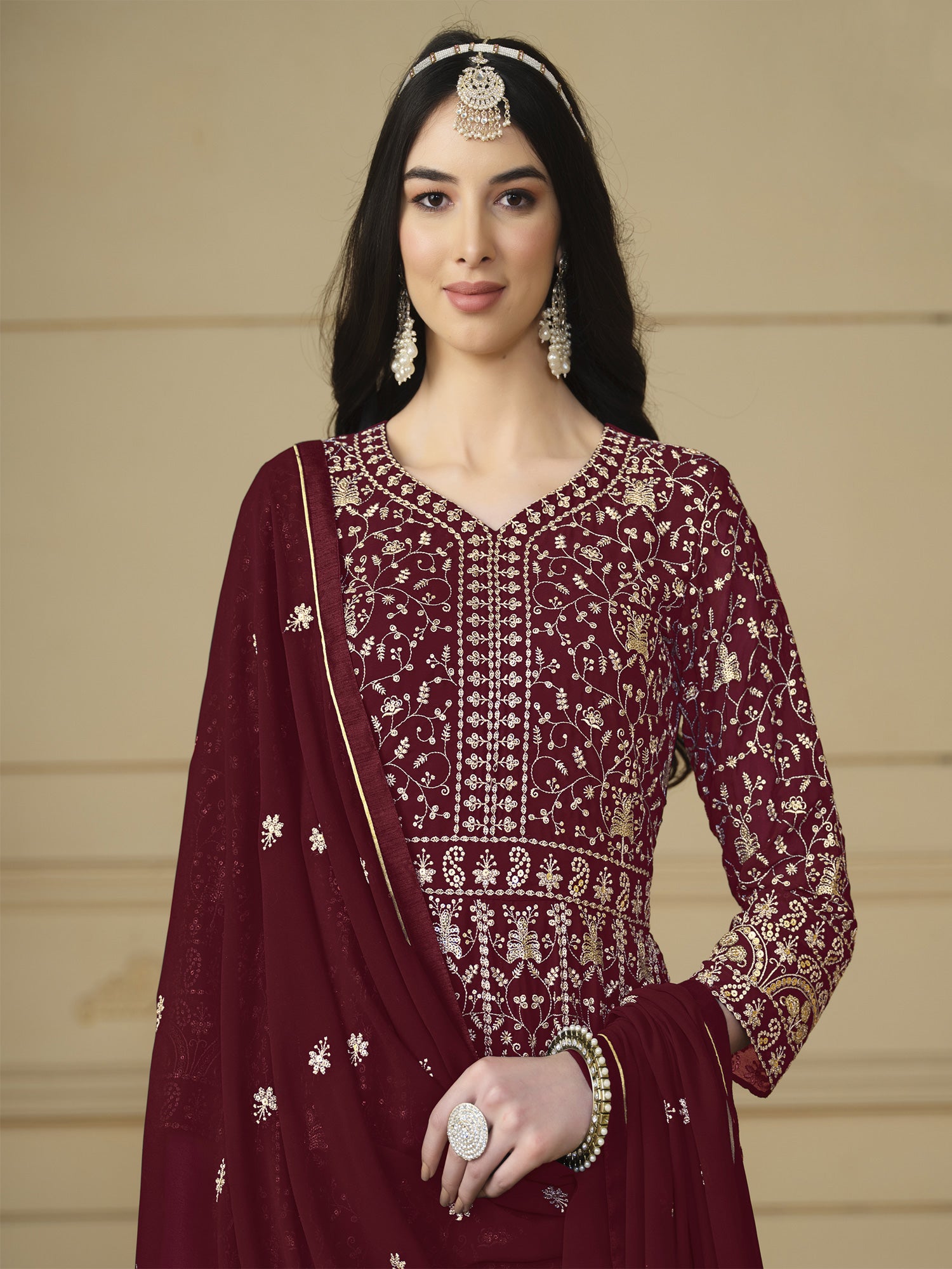 Maroon Georgette Salwar Suit Set In Anarkali Style