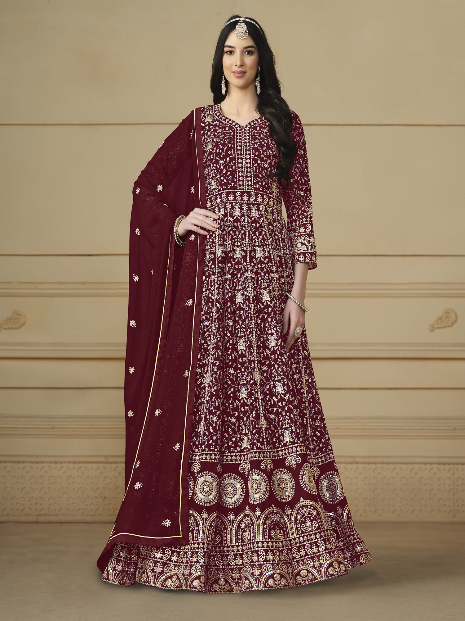 Maroon Georgette Salwar Suit Set In Anarkali Style