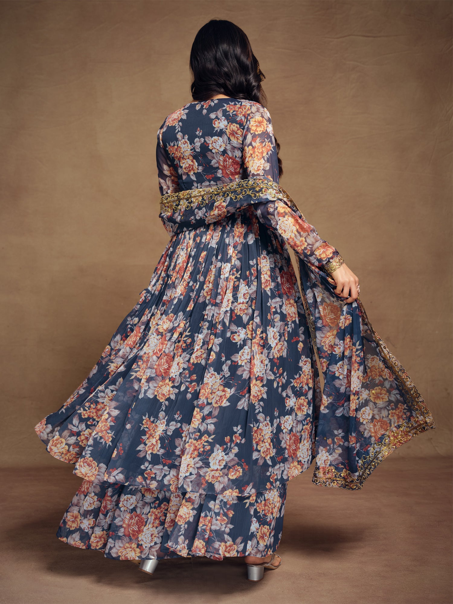 Blue Floral Printed Anarkali Suit In Chiffon With Palazzo