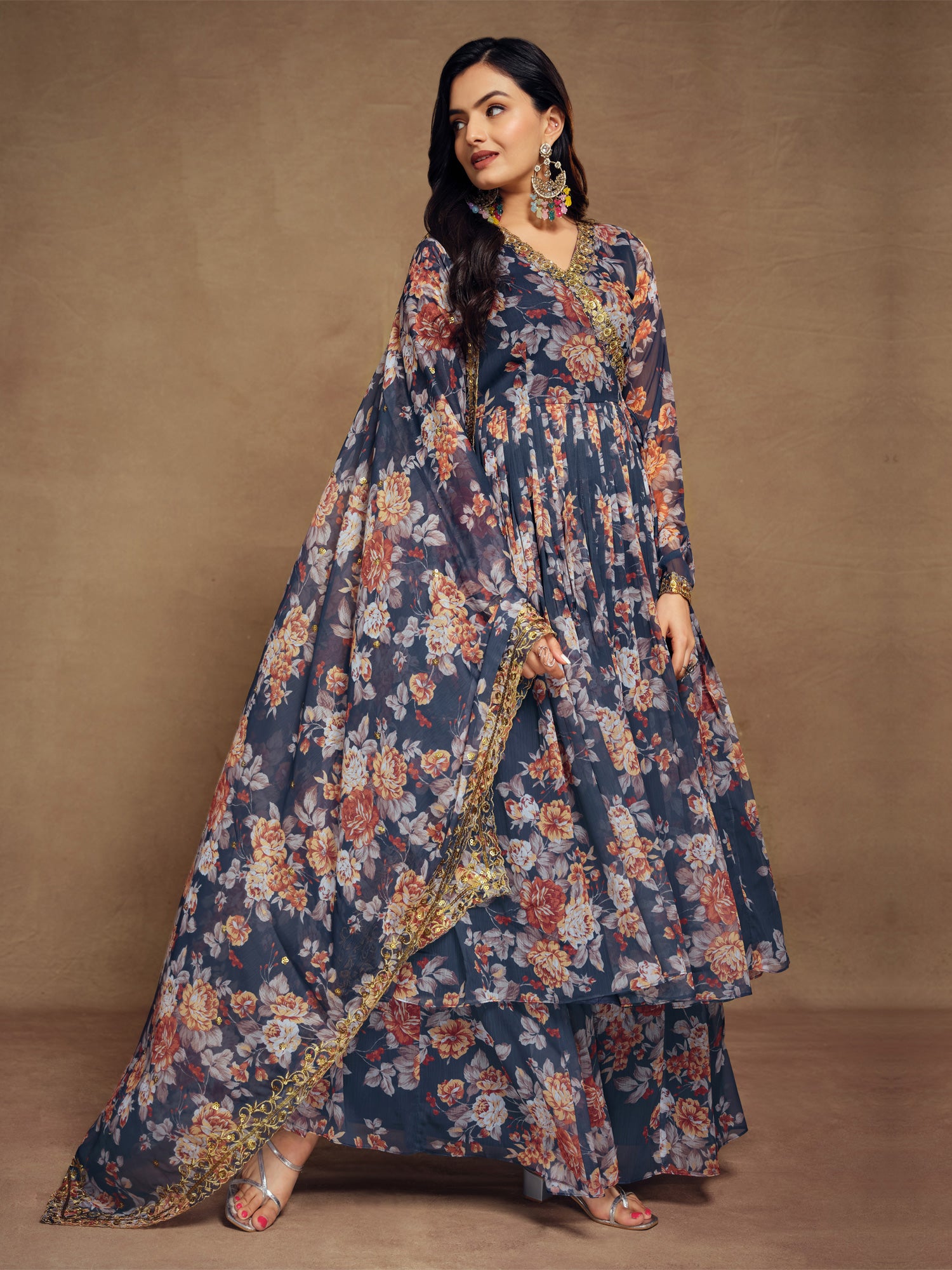 Blue Floral Printed Anarkali Suit In Chiffon With Palazzo