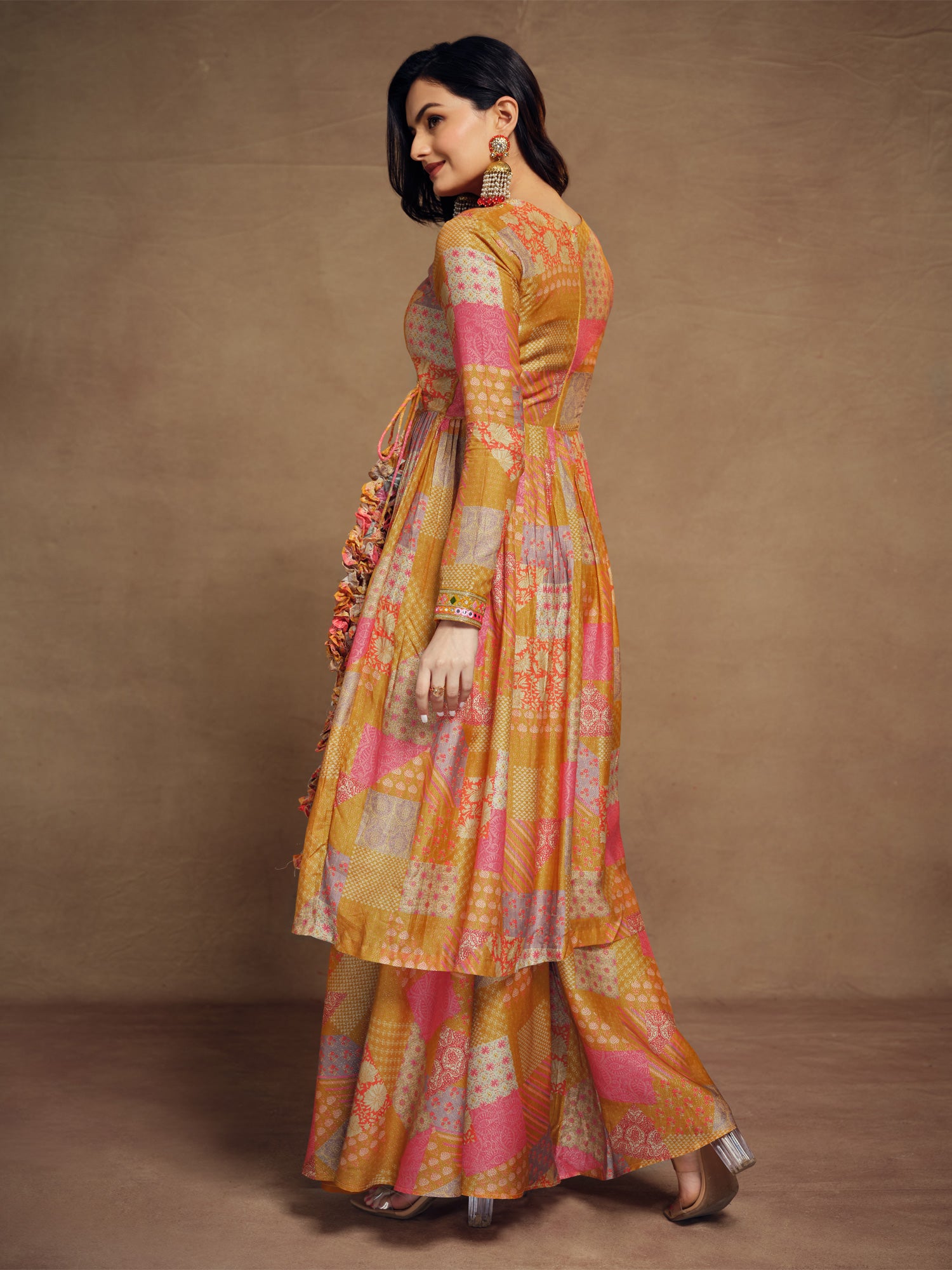 Multicolor Chiffon Salwar Kameez In Anarkali Style With Palazzo
