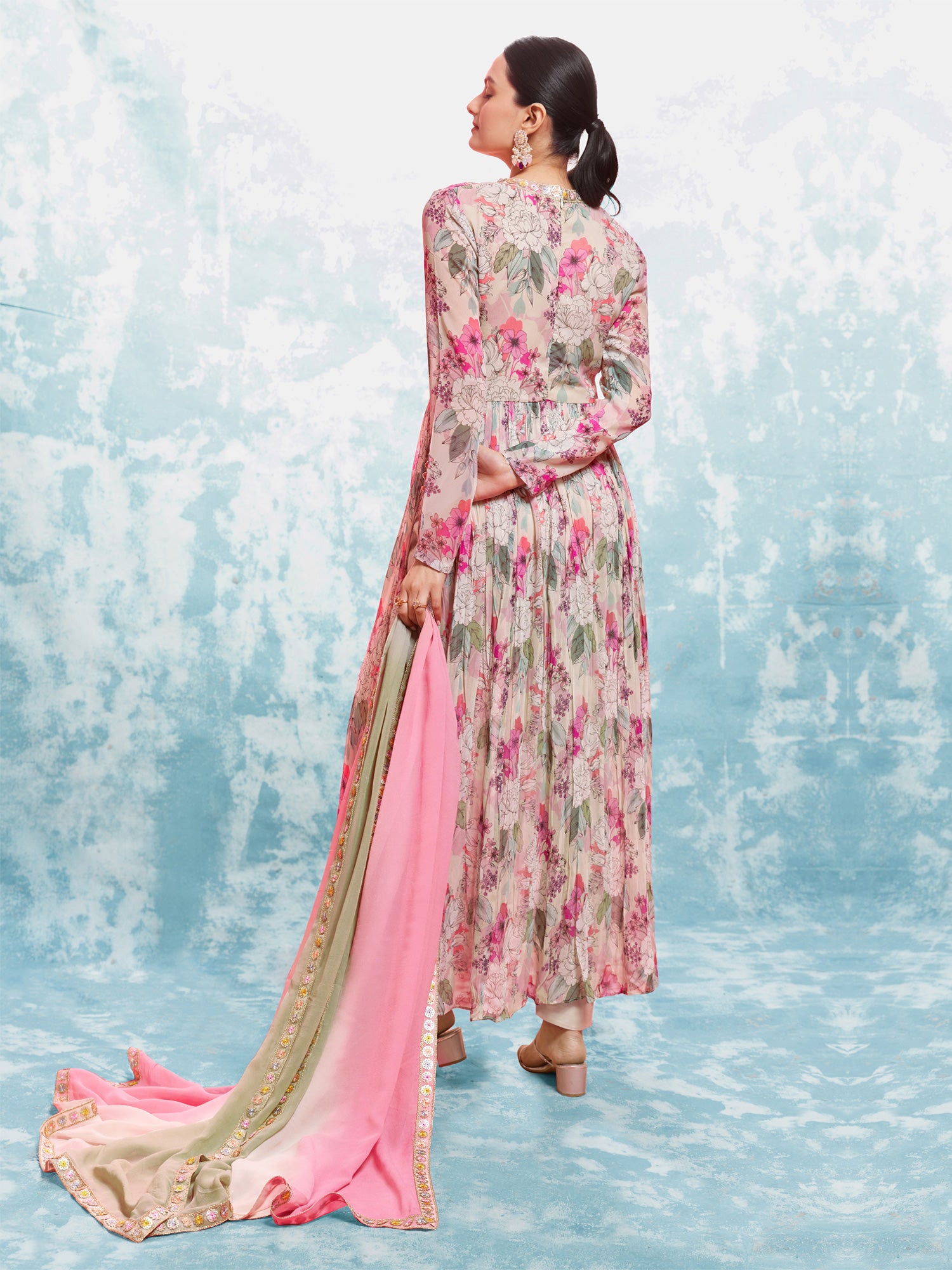Rose Pink Floral Printed Anarkali Suit In Georgette