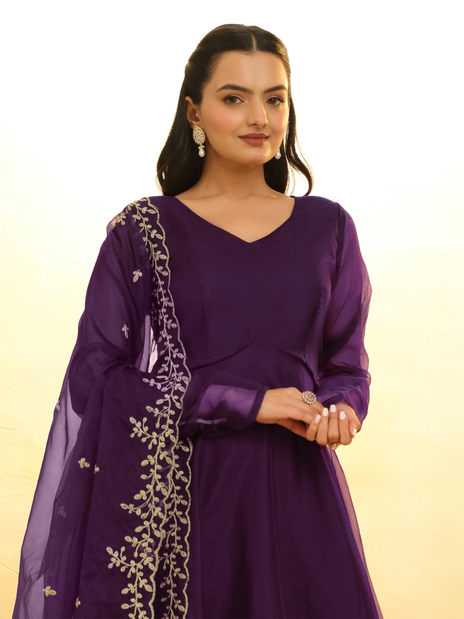 Purple Stone Enhanced Anarkali Suit In Organza