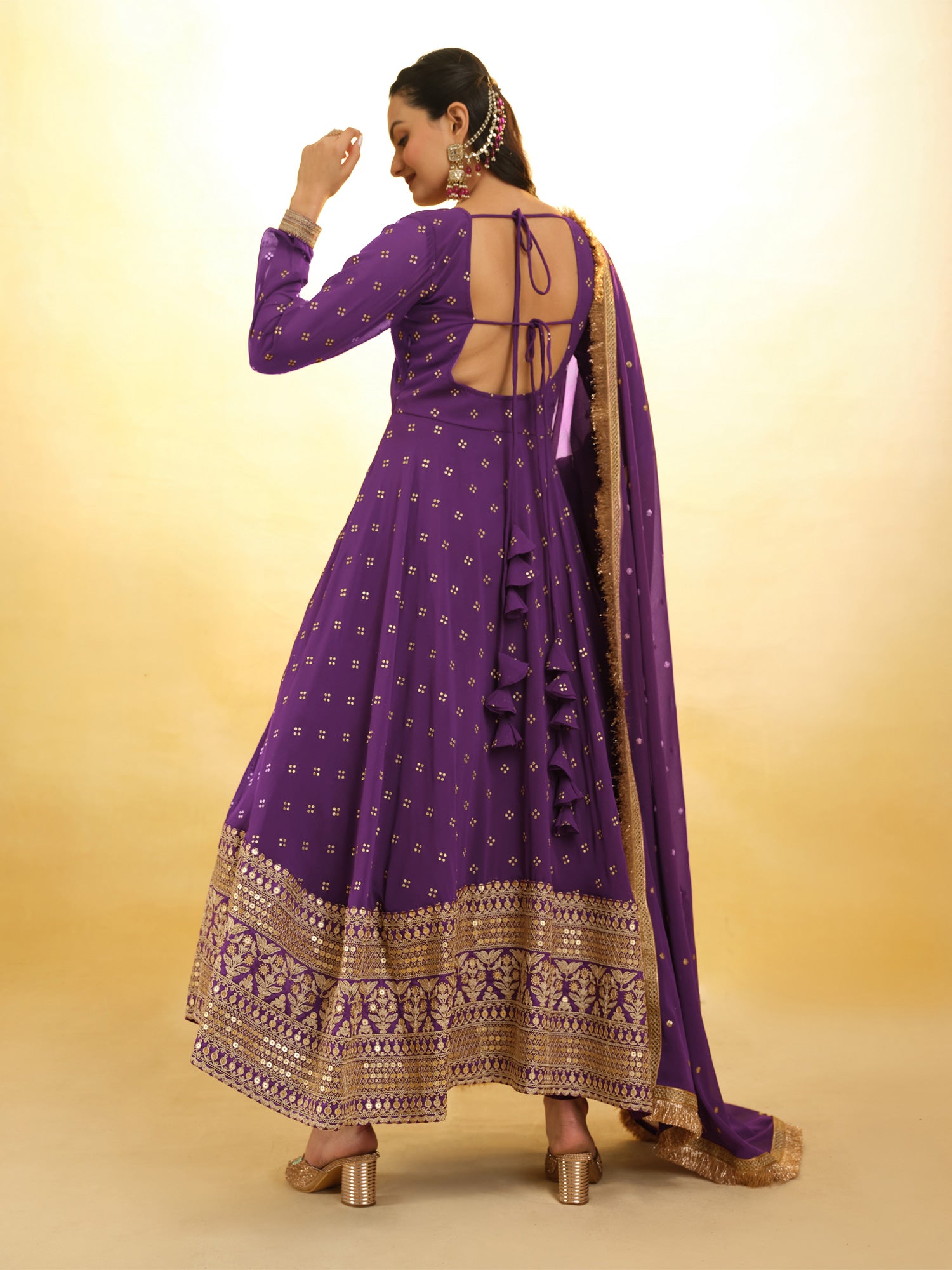 Purple Georgette Gota Patti Enhanced Salwar Suit In Anarkali Style