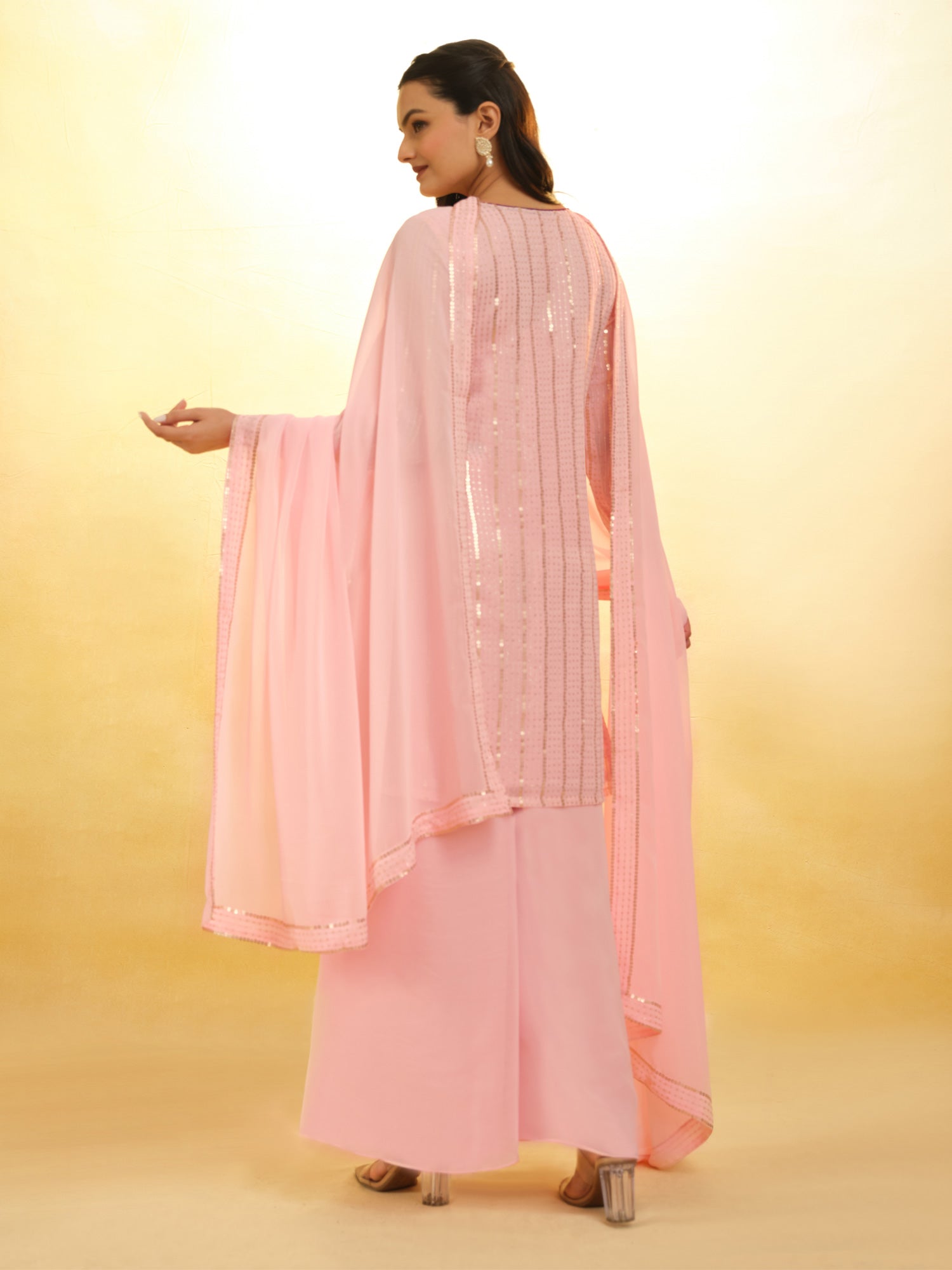 Rose Pink Georgette Straight Cut Salwar Suit In Palazzo Style