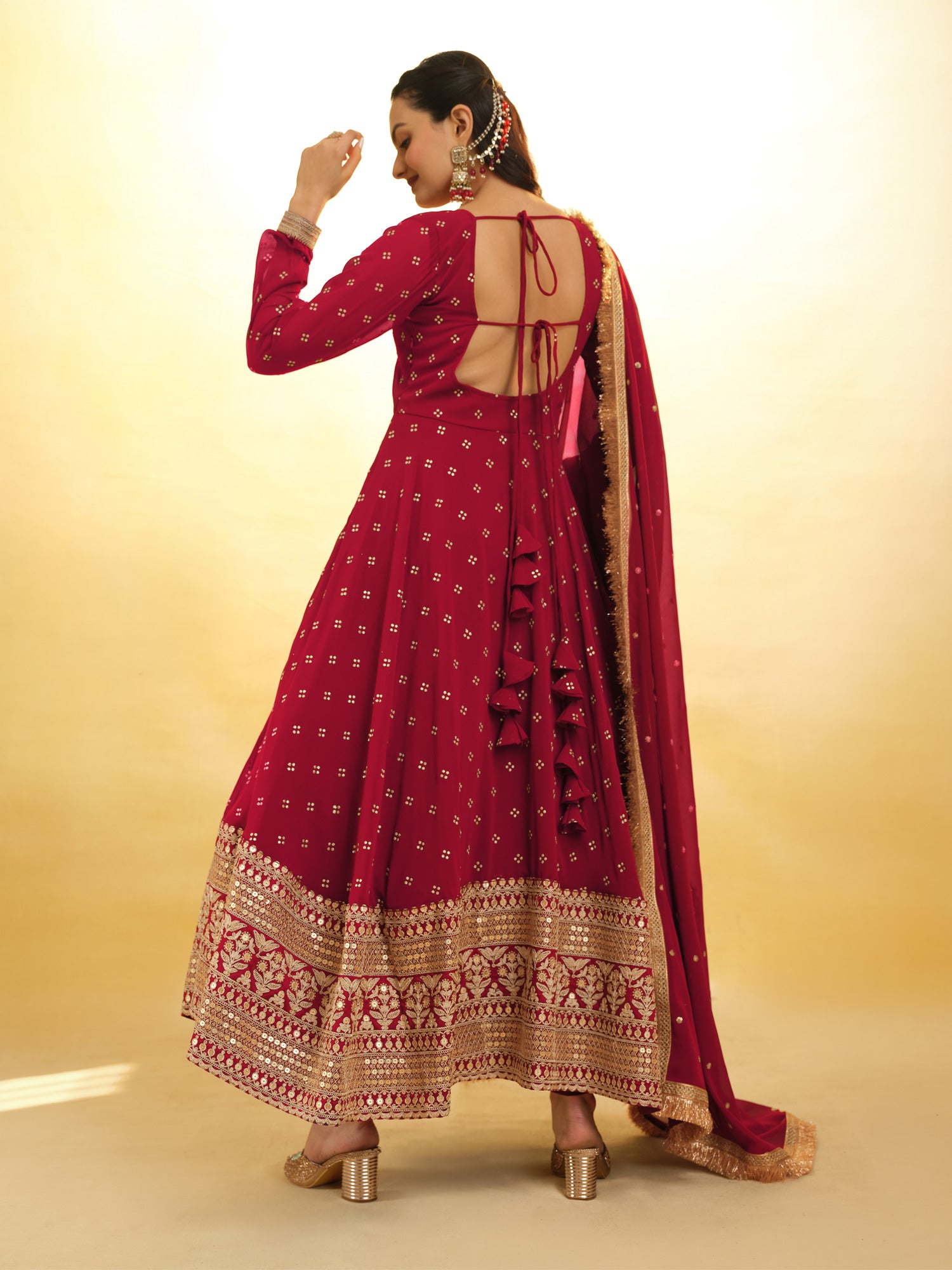Red Anarkali Salwar Suit In Zari Work Embroidery