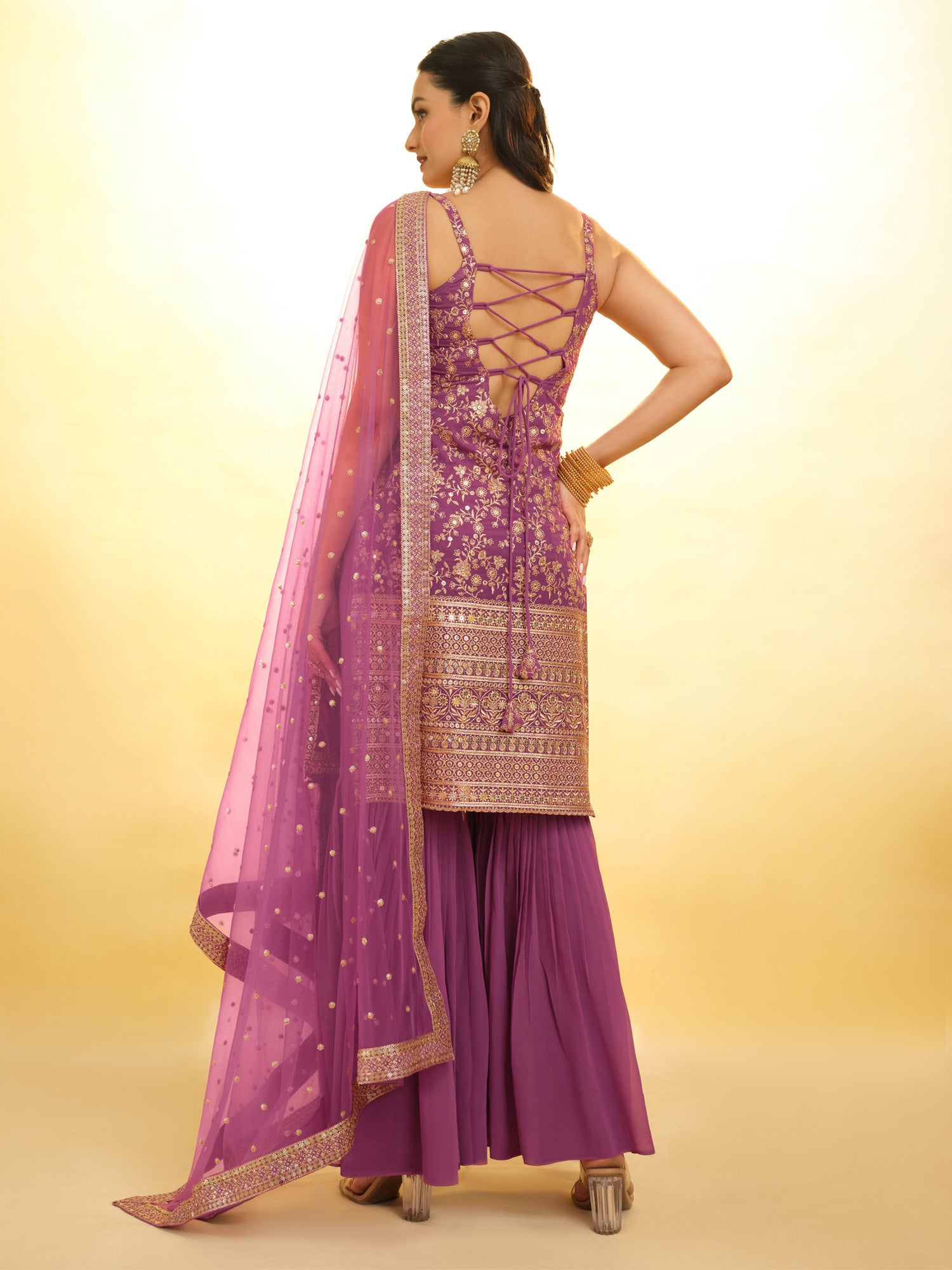 Purple Sharara Style Salwar Kameez In Georgette With Gota Patti