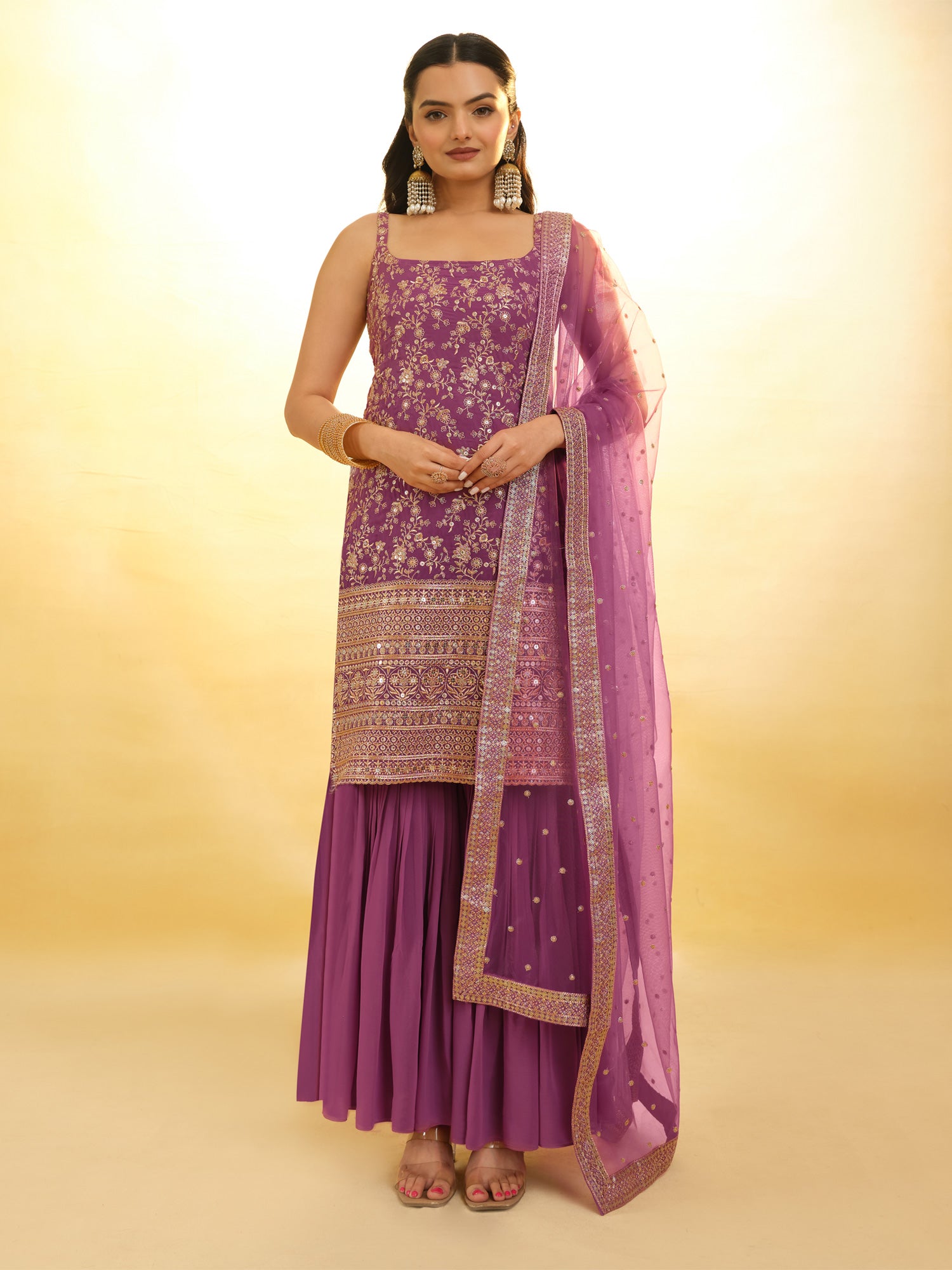 Purple Sharara Style Salwar Kameez In Georgette With Gota Patti