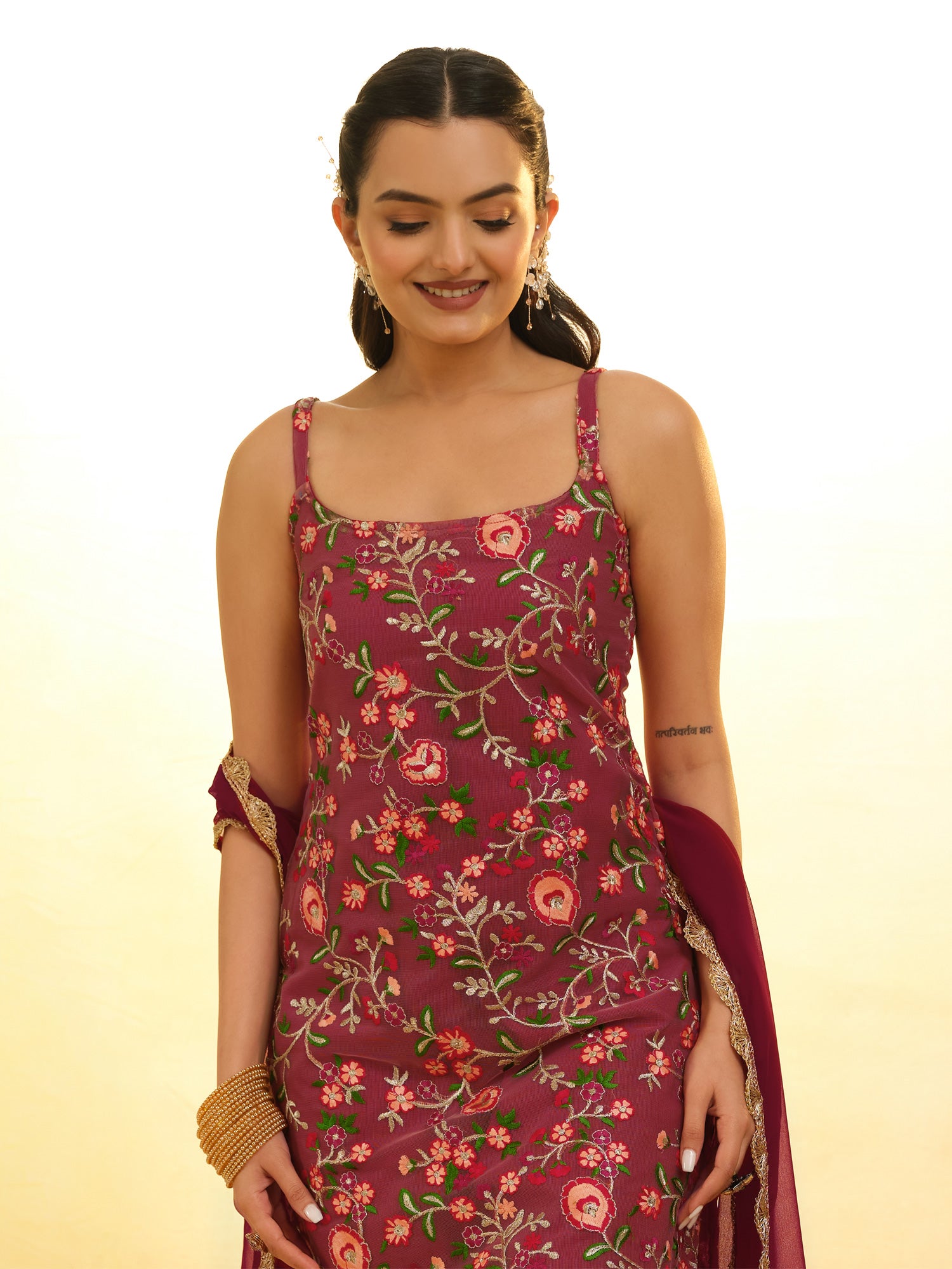 Red Net Floral Embroidery Straight Cut Salwar Suit In Sharara Style