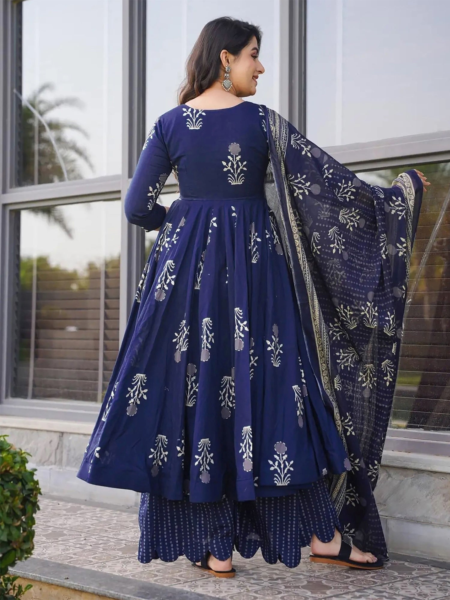 Navy Blue Printed Anarkali Style Salwar Suit In Muslin