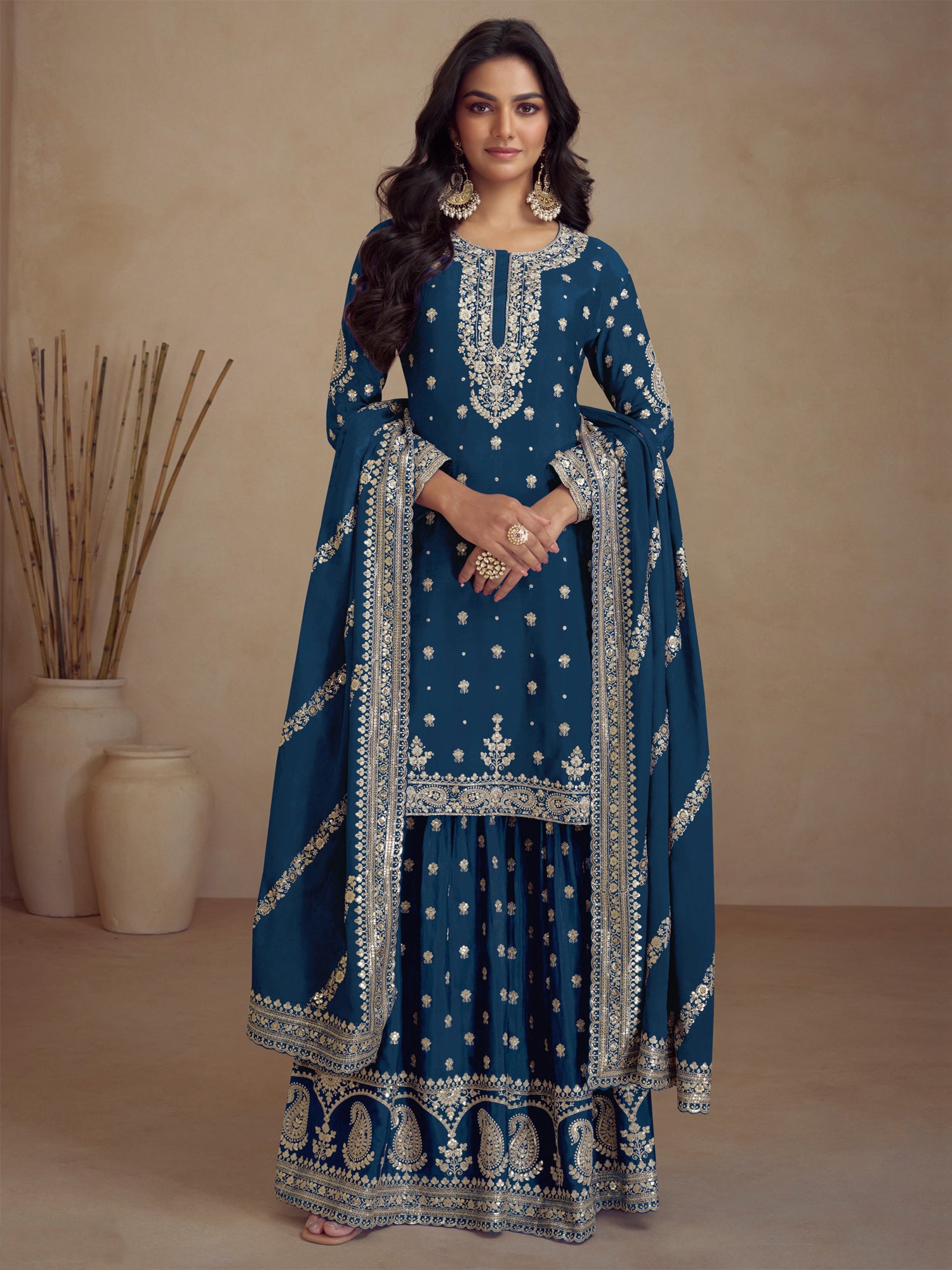 Blue Silver Zari Embroidered Sharara Suit