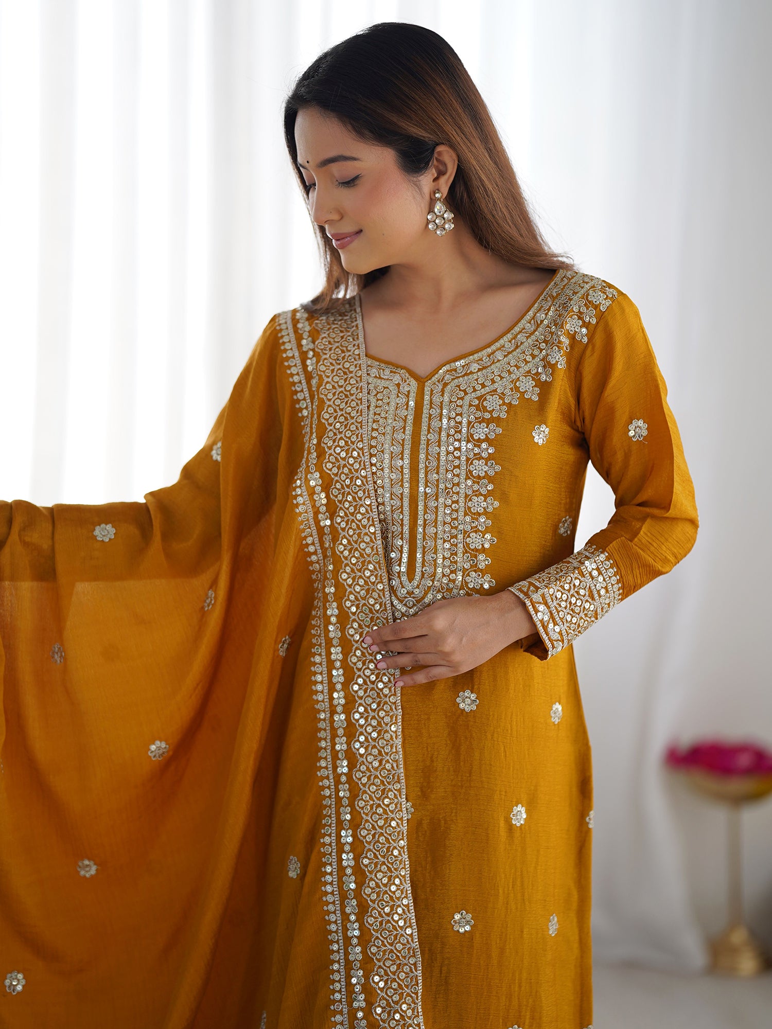 Yellow Sequins Work Readymade Salwar Suit