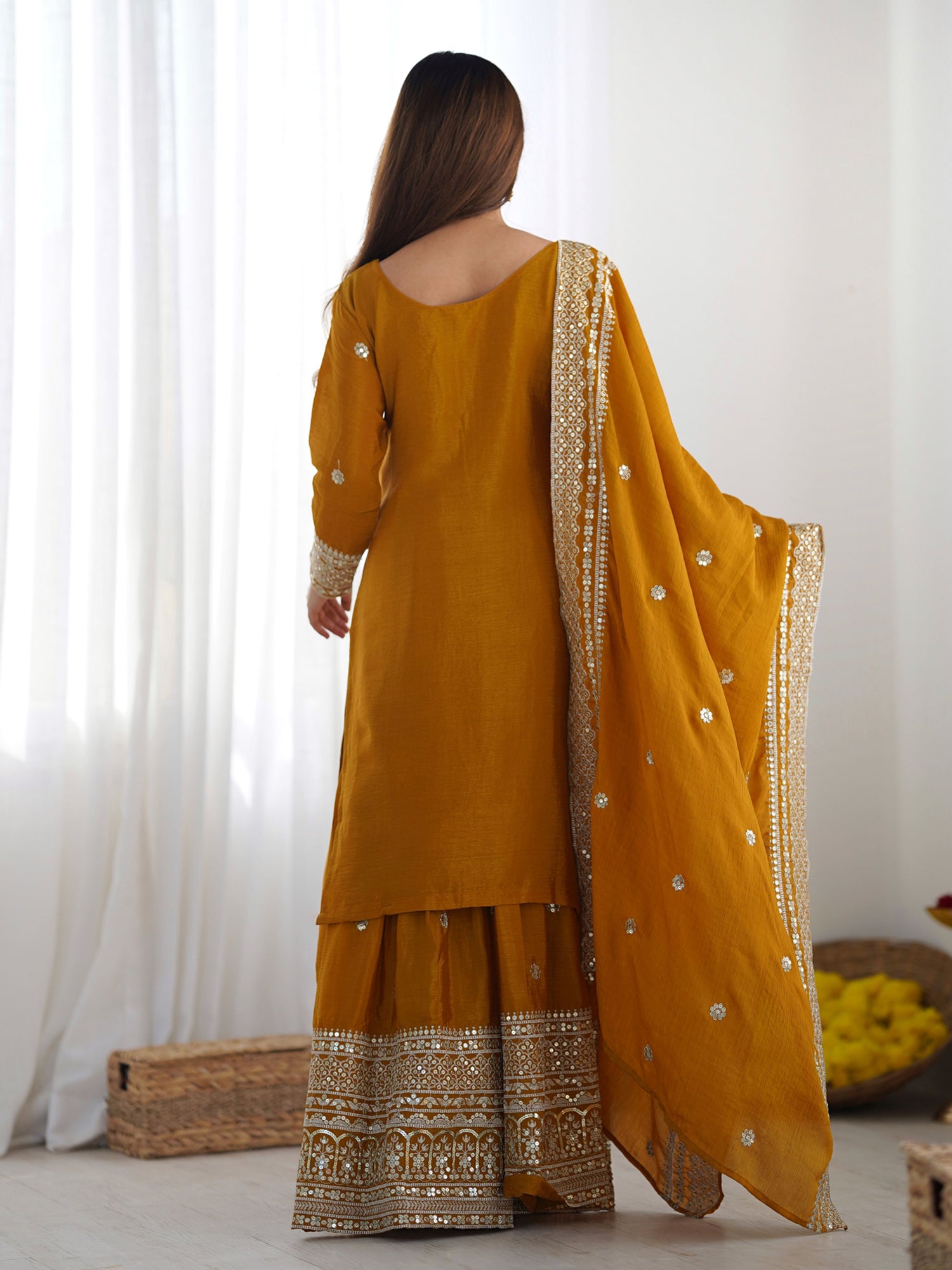 Yellow Sequins Work Readymade Salwar Suit