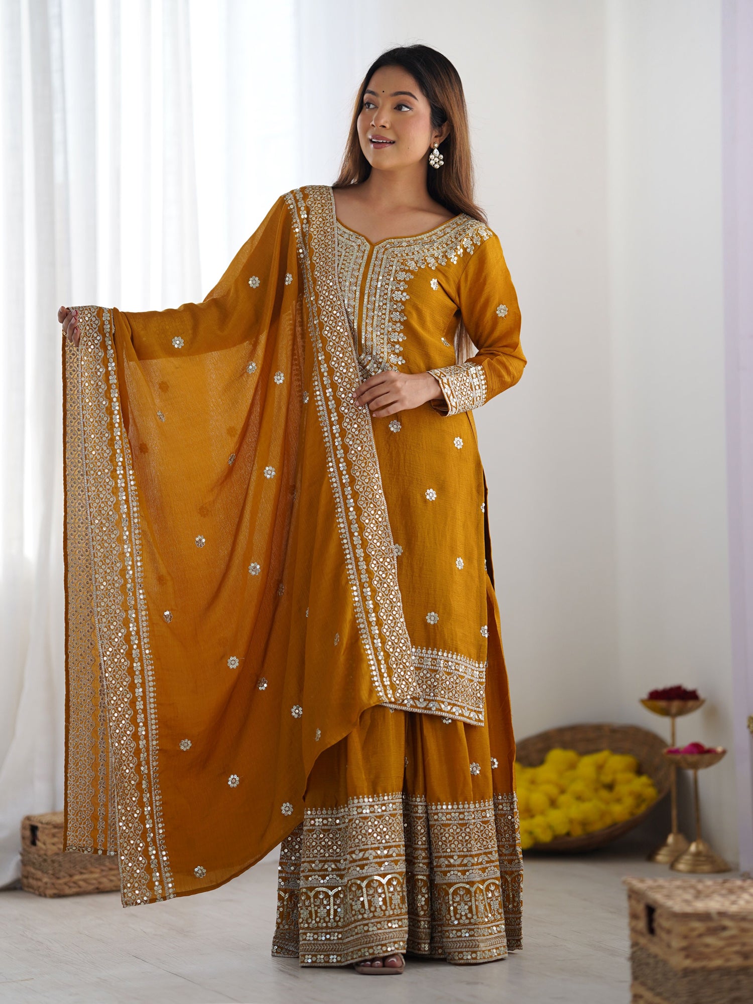 Yellow Sequins Work Readymade Salwar Suit
