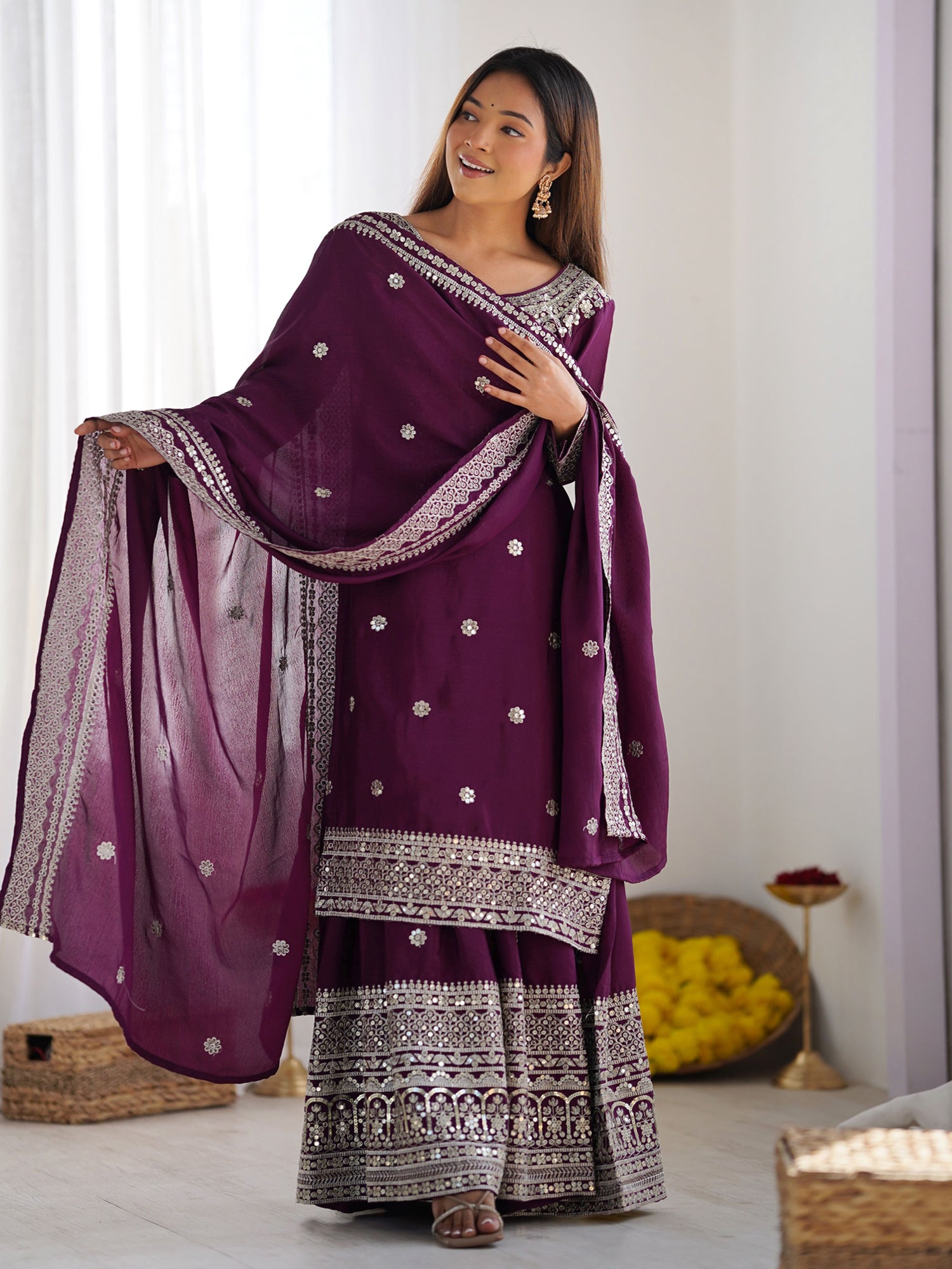 Wine Sequins Enhanced Casual Wear Palazzo Suit