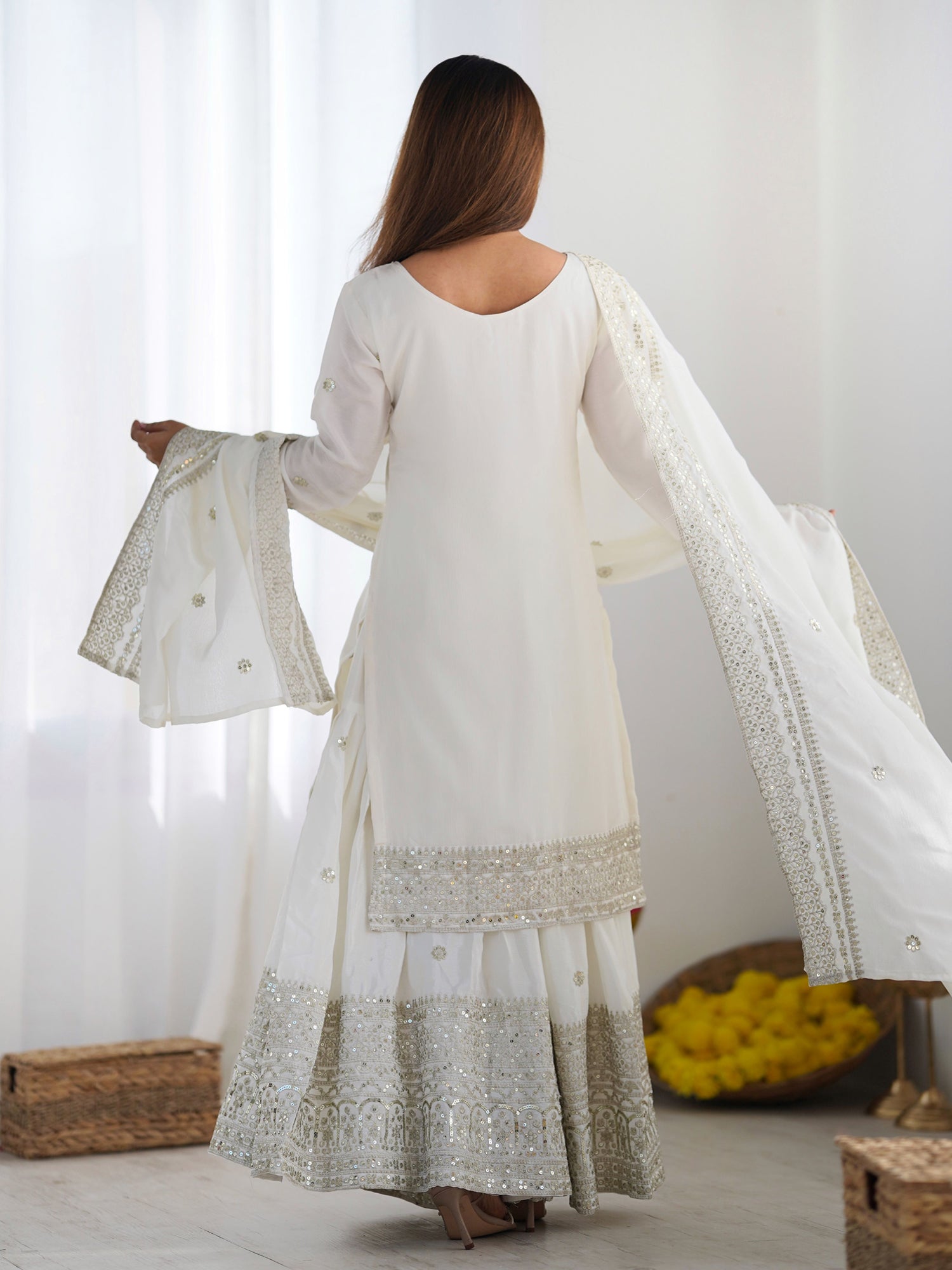 White Readymade Salwar Suit In Sequins Embellishment
