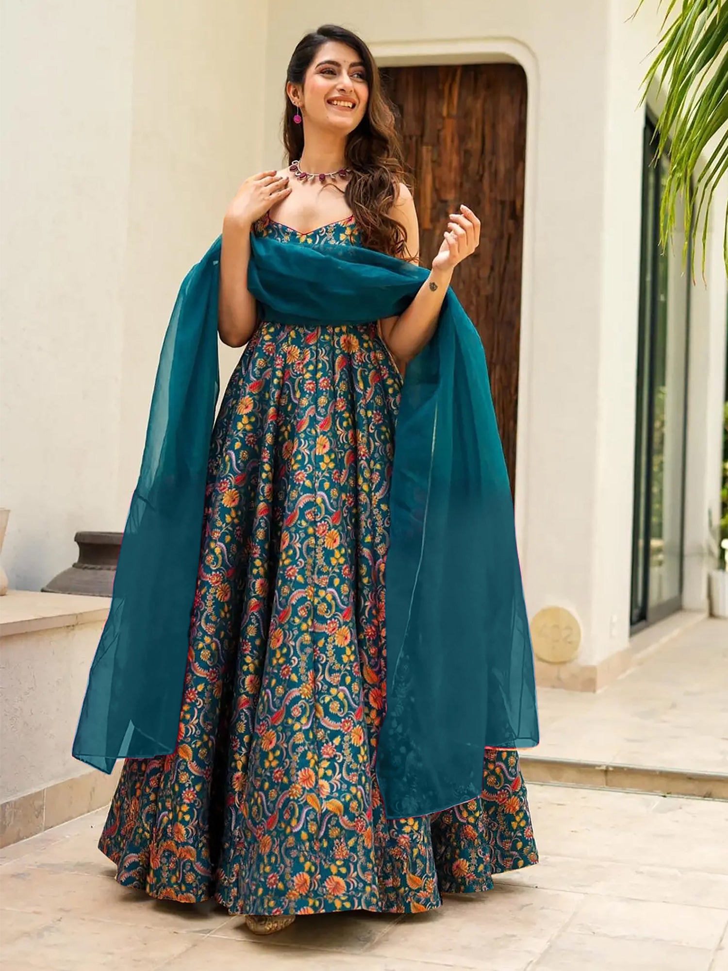Blue Silk Salwar Suit With Anarkali Style In Print