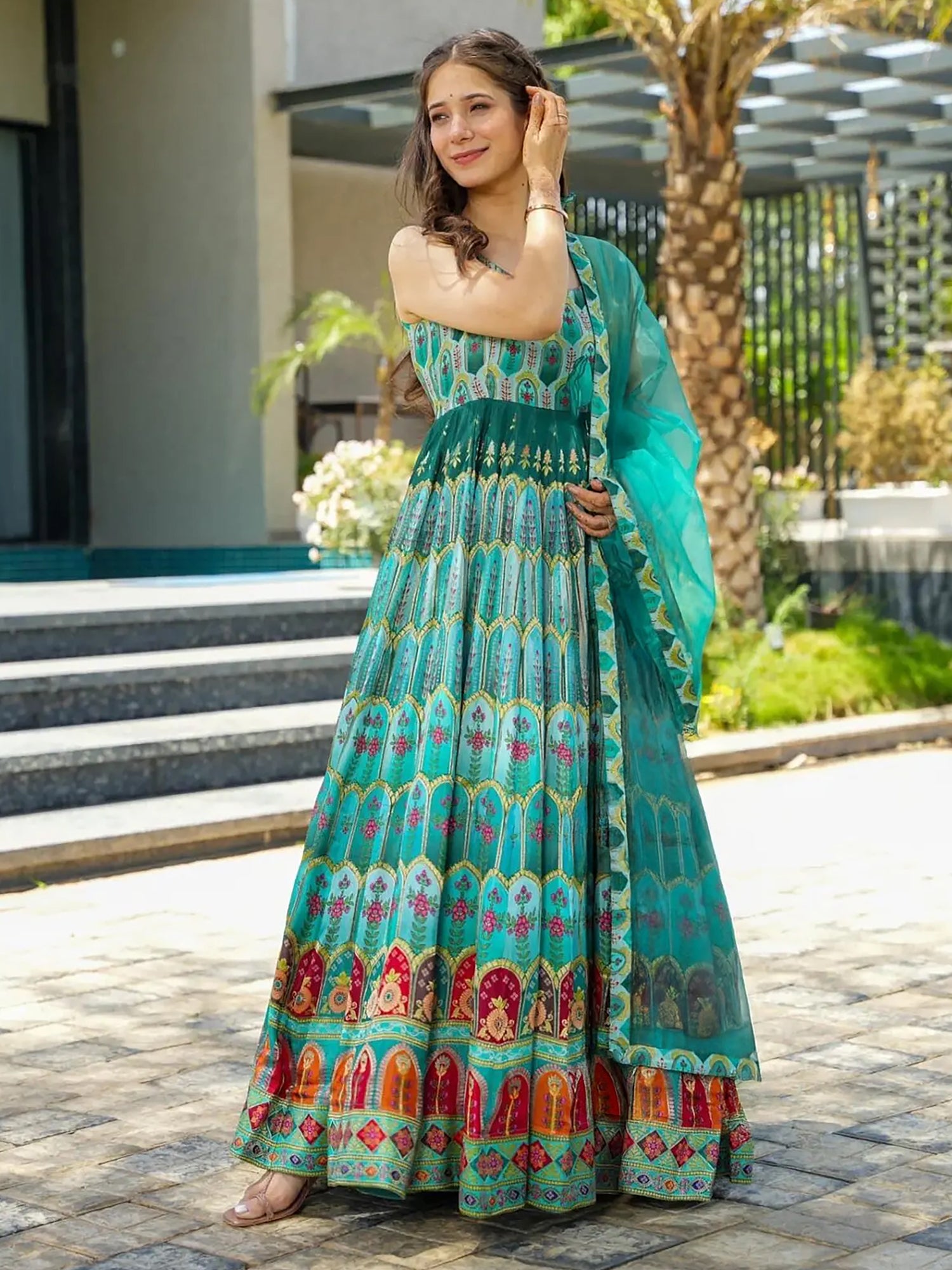 Turquoise Printed Anarkali Style Suit Set In Silk