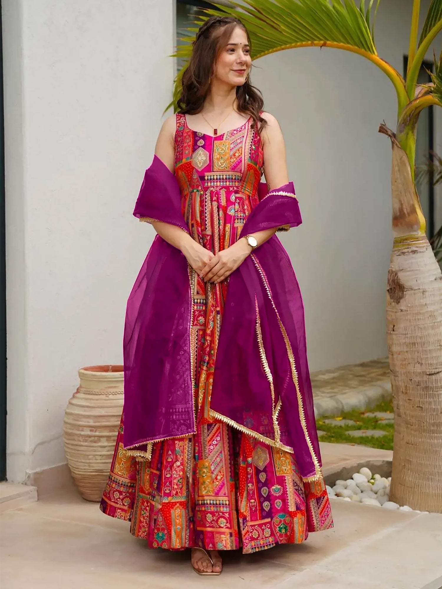 Multicolor Readymade Anarkali Suit In Digital Print