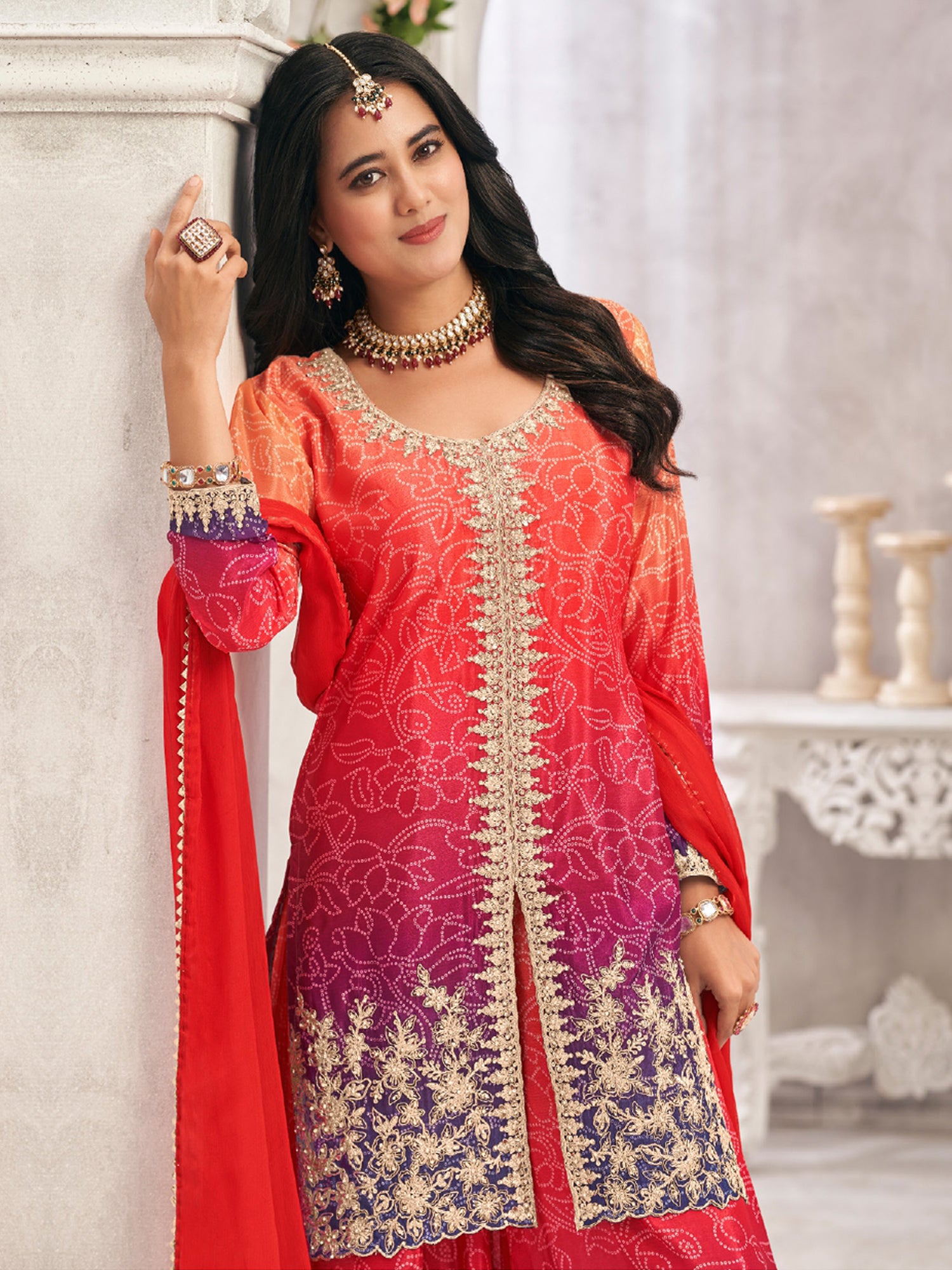 Orange And Purple Ombre Shaded Palazzo Suit