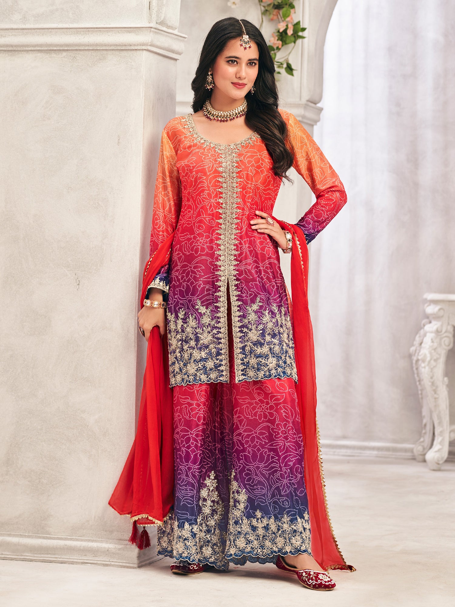 Orange And Purple Ombre Shaded Palazzo Suit
