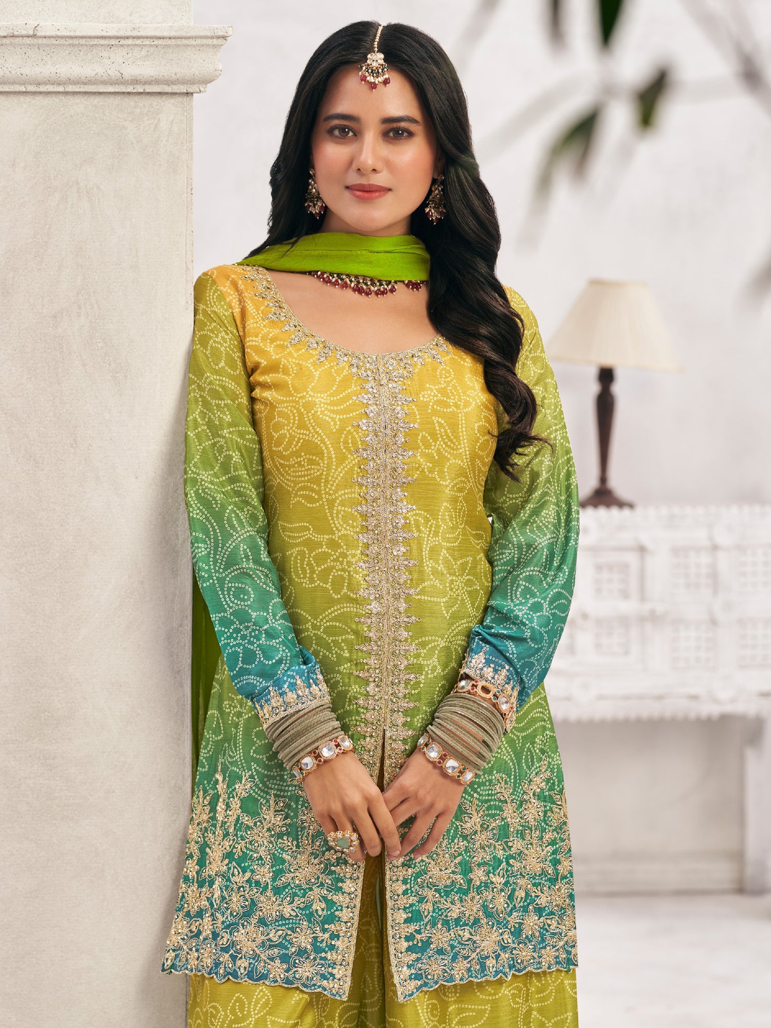 Green And Yellow Zari Embellished Salwar Kameez