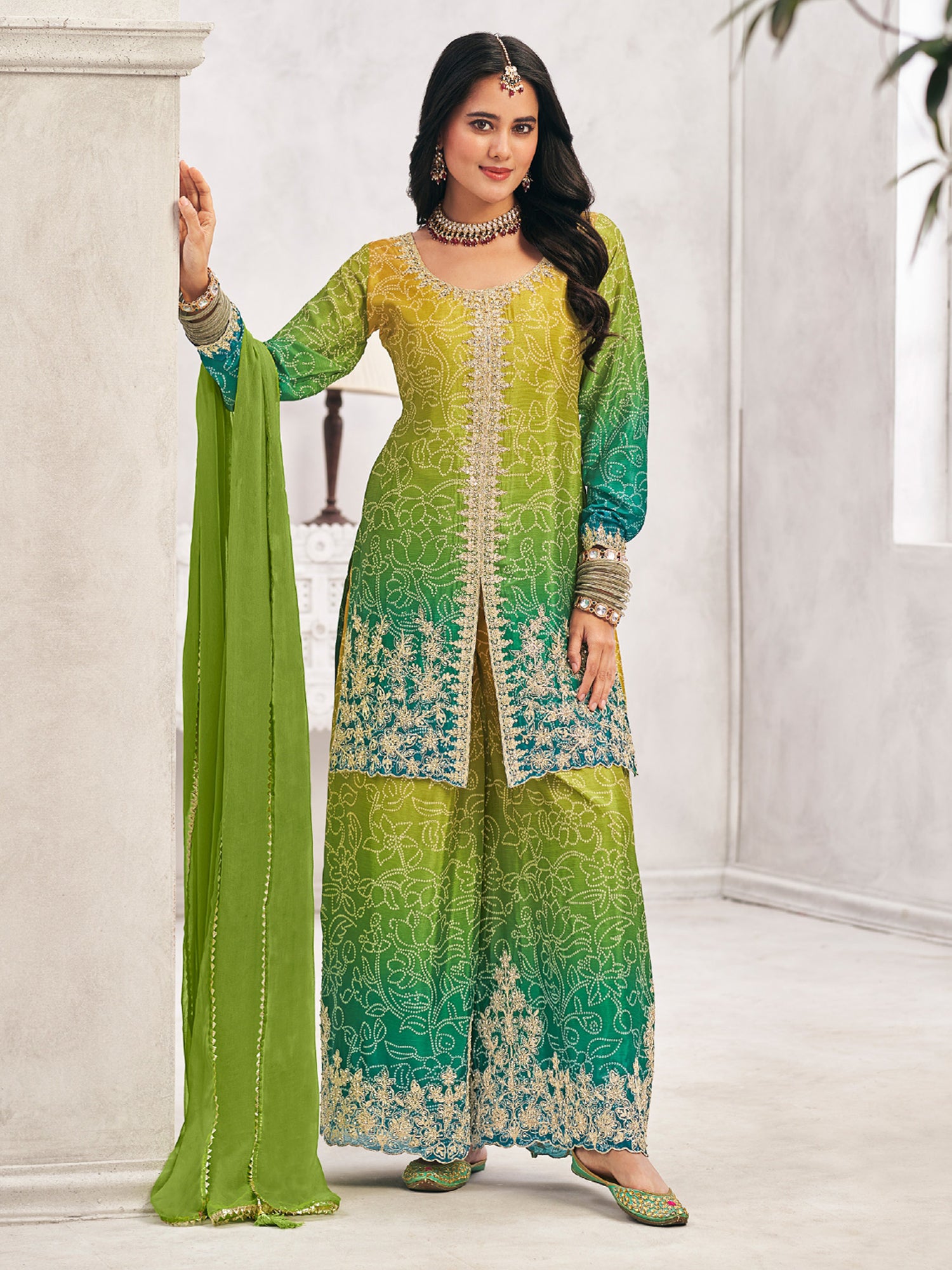 Green And Yellow Zari Embellished Salwar Kameez