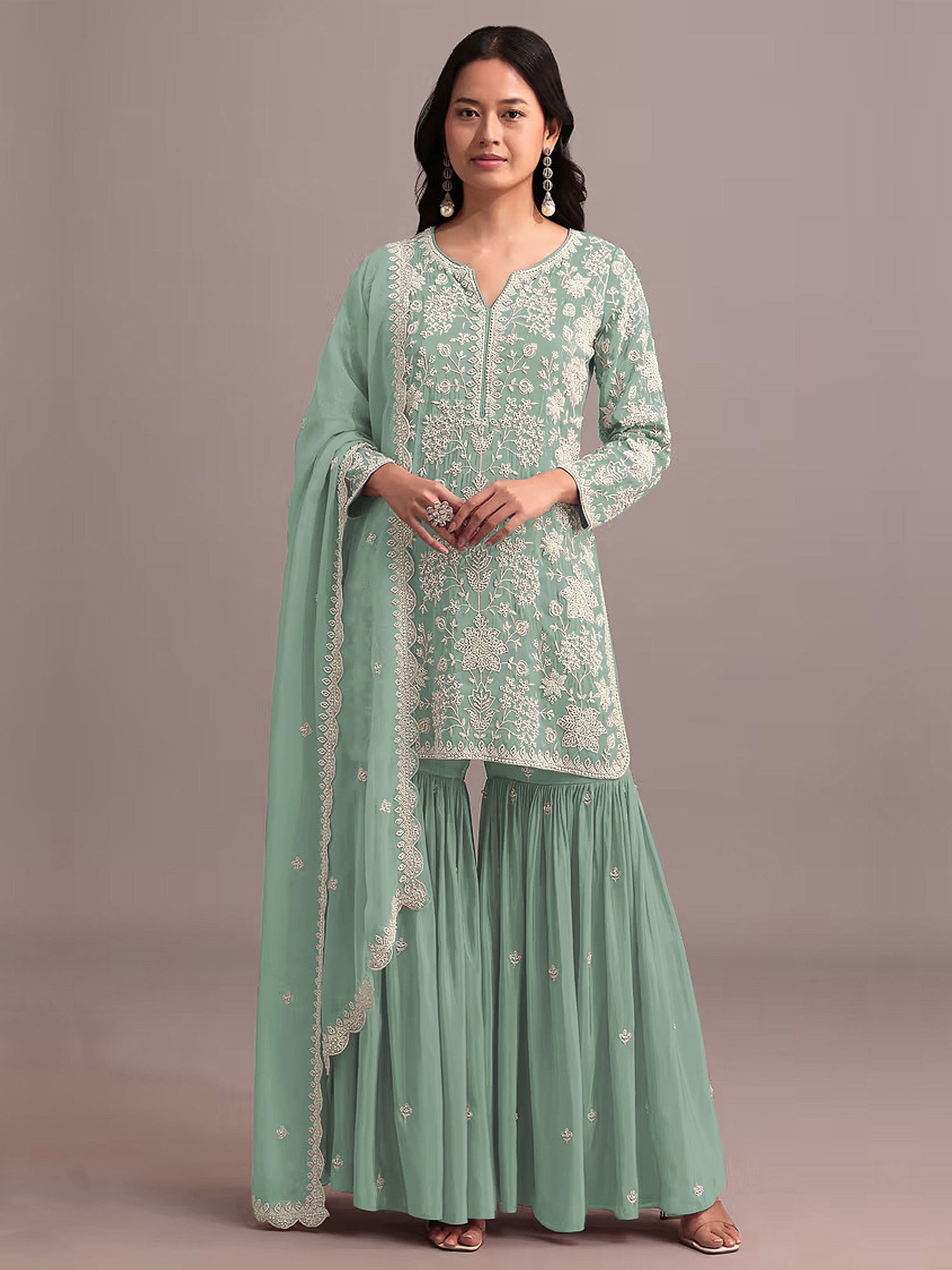Turquoise Party Wear Salwar Suit In Sharara Style