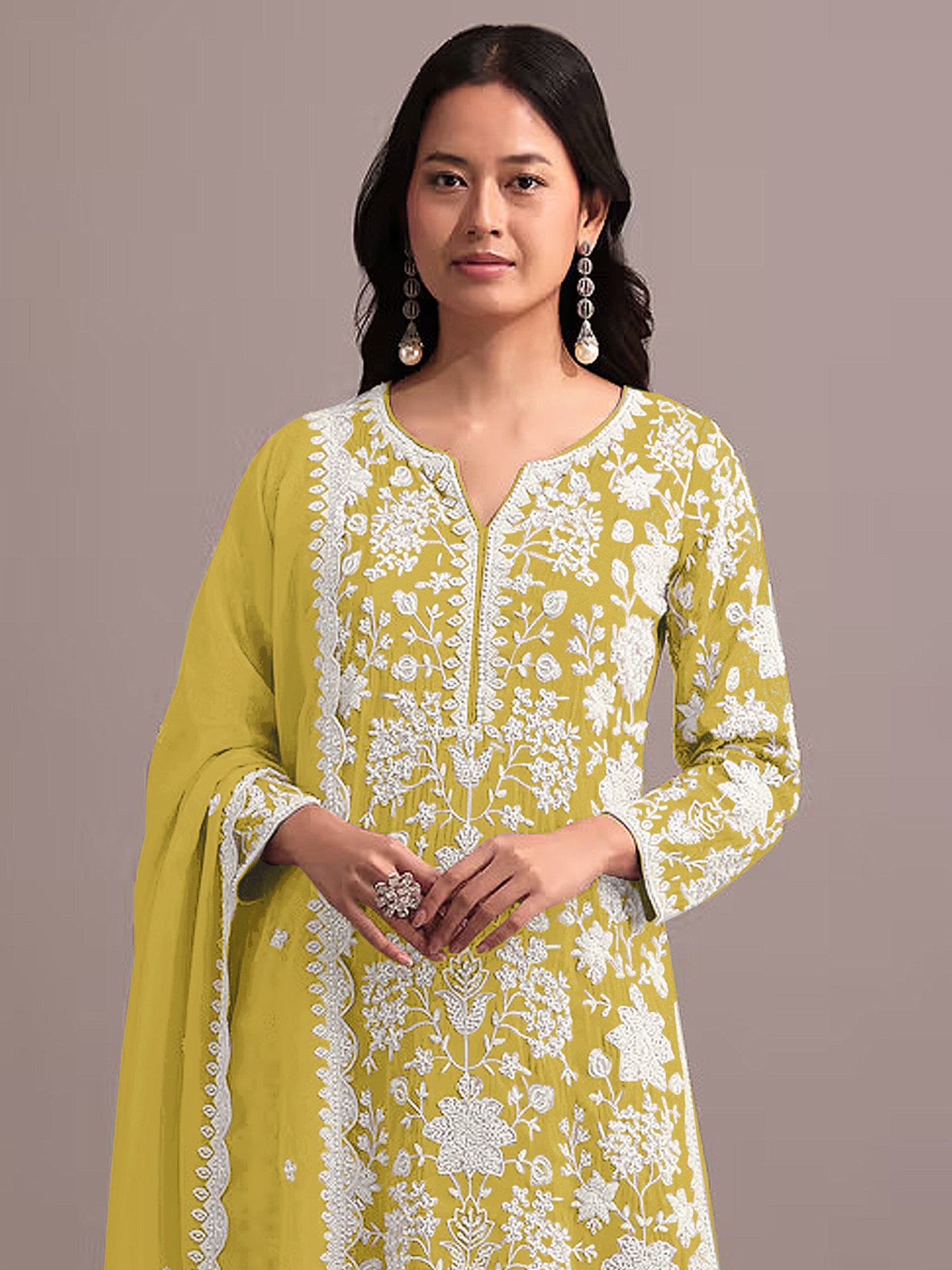 Yellow Floral Embroidered Sharara Style Suit Set