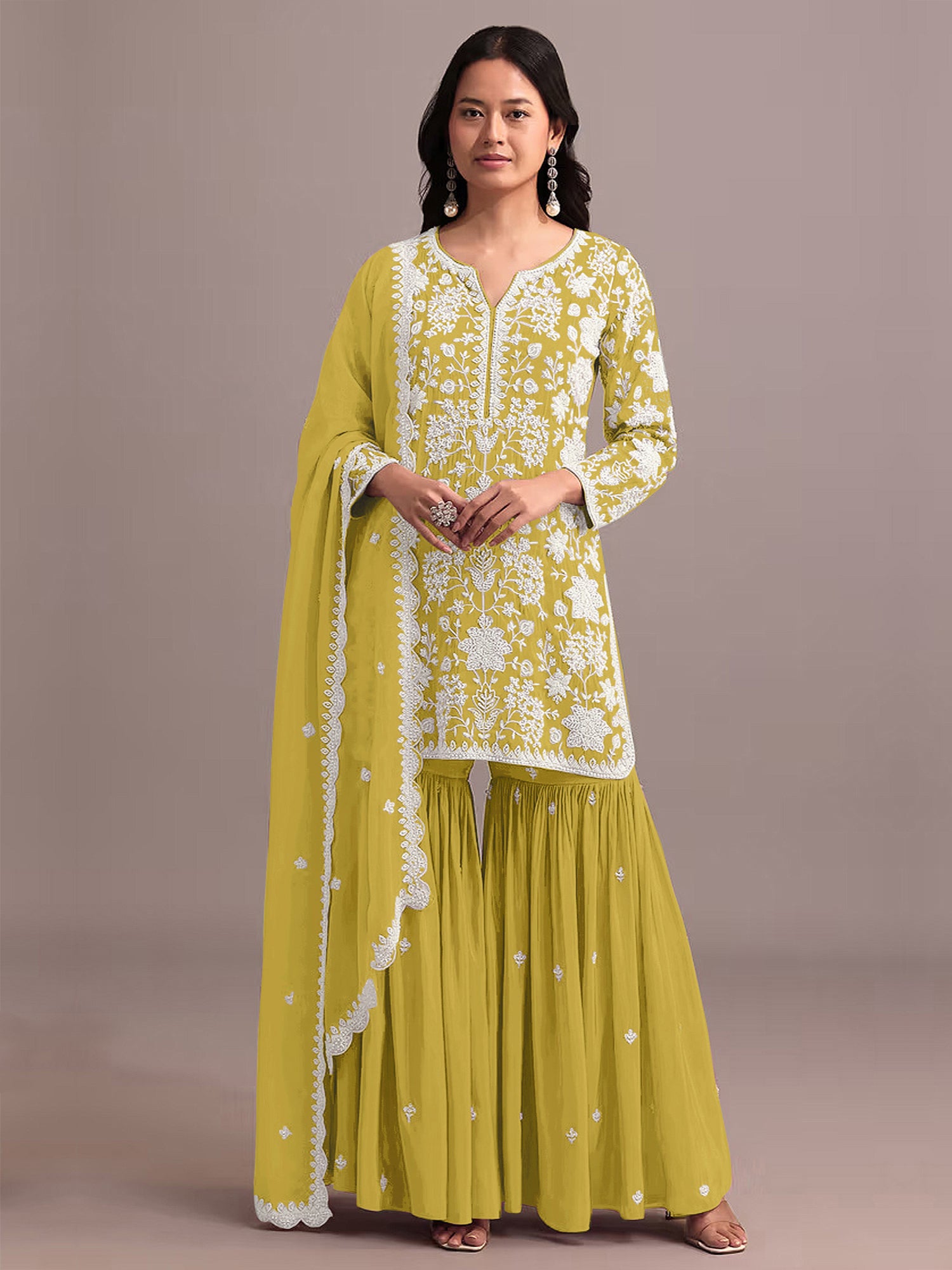 Yellow Floral Embroidered Sharara Style Suit Set
