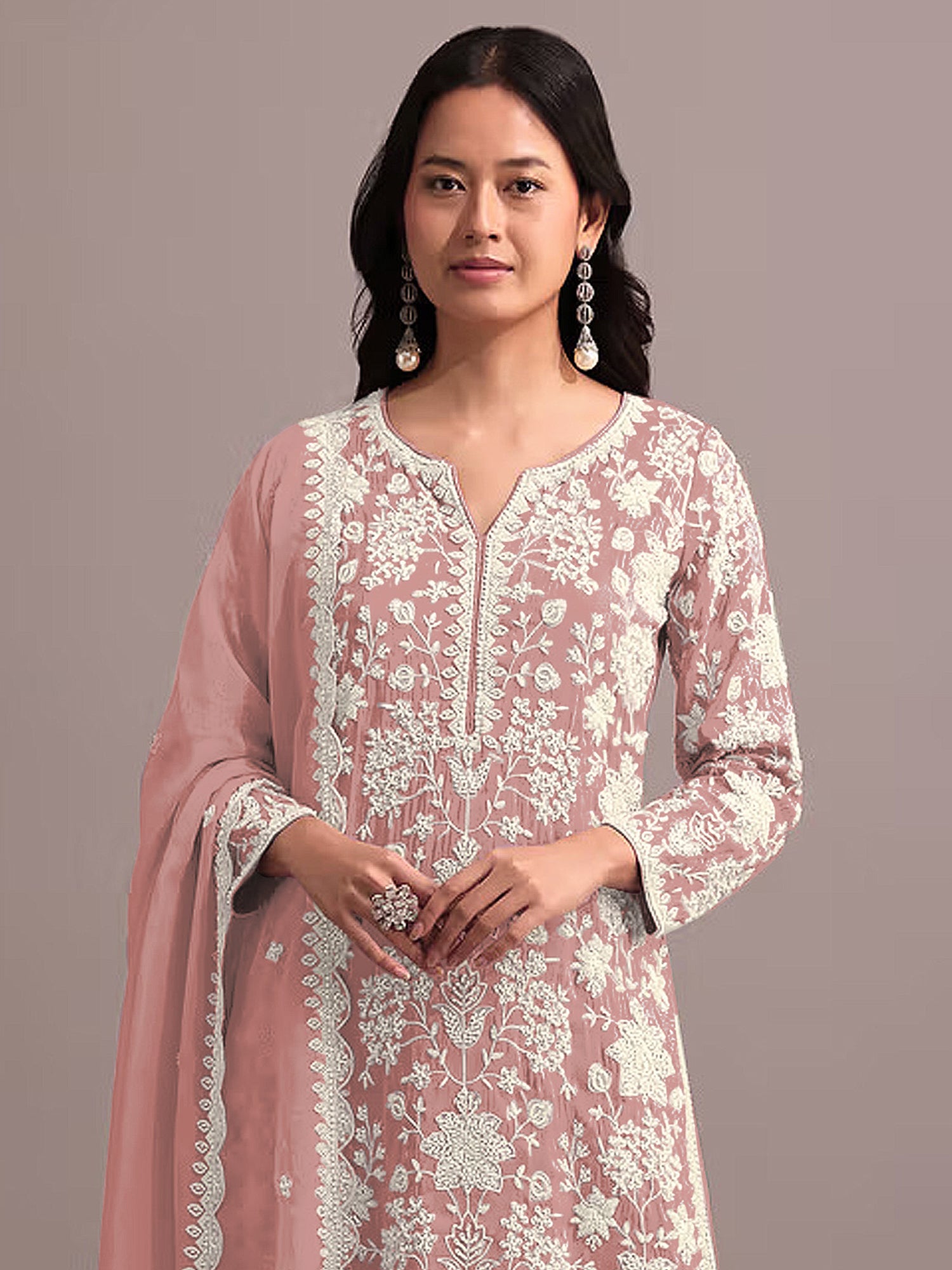 Dusty Peach Sharara Suit With Floral Embellishment