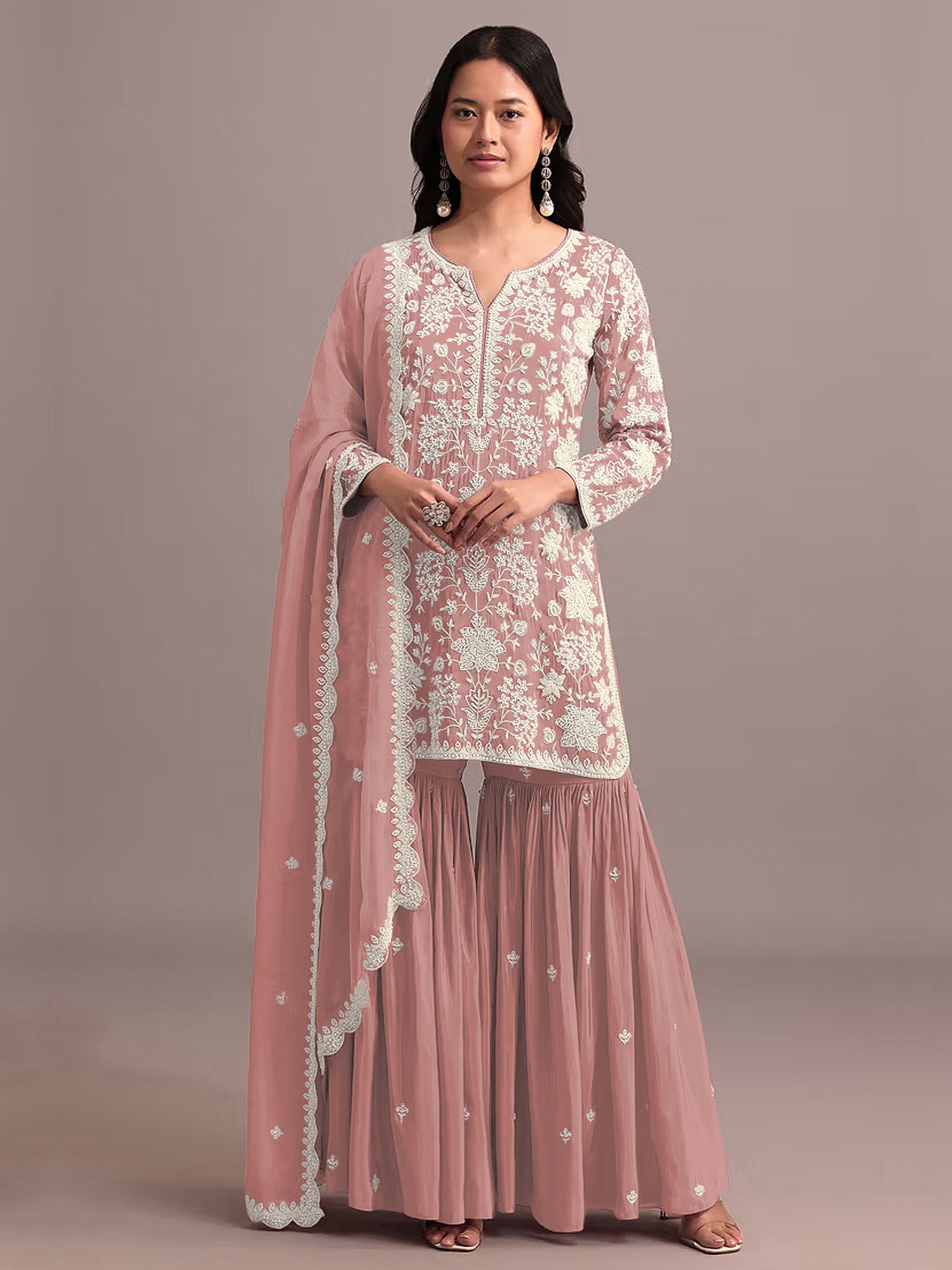 Dusty Peach Sharara Suit With Floral Embellishment