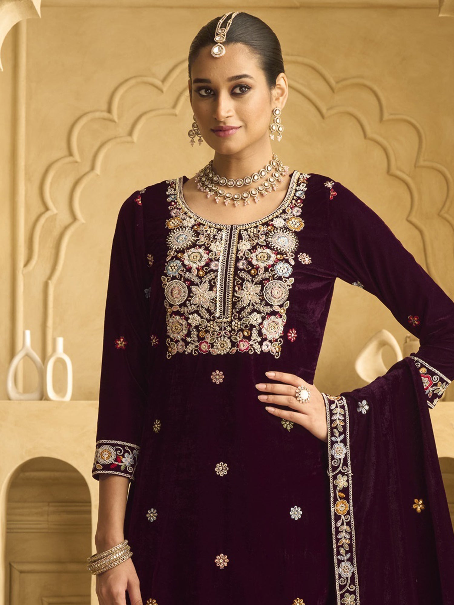 Wine Palazzo Suit In Heavy Floral Thread Work