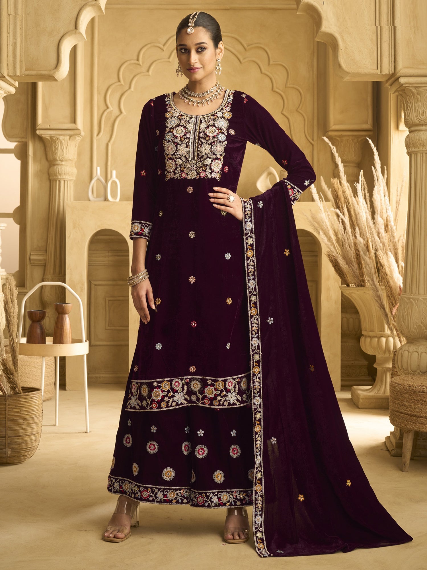 Wine Palazzo Suit In Heavy Floral Thread Work